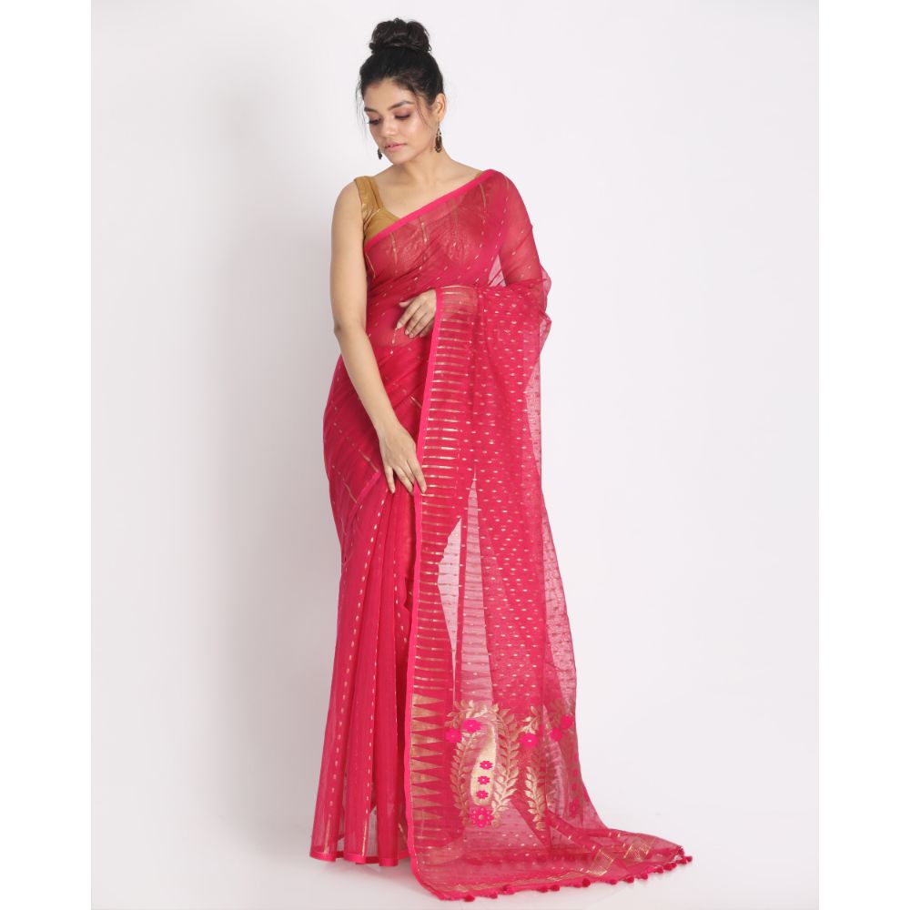 Women's Rani Pink Cotton Silk Jamdani Saree - Piyari Fashion
