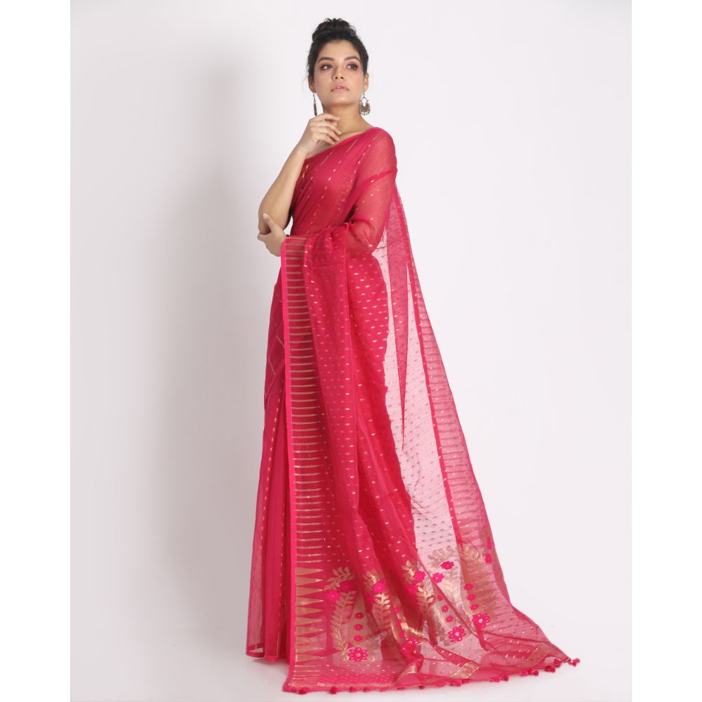 Women's Rani Pink Cotton Silk Jamdani Saree - Piyari Fashion
