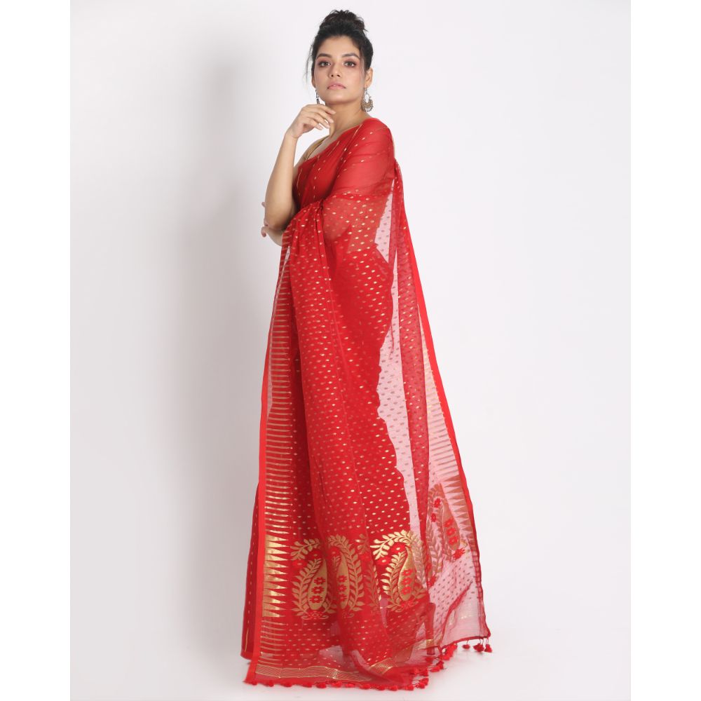 Women's Red Cotton Silk Jamdani Saree