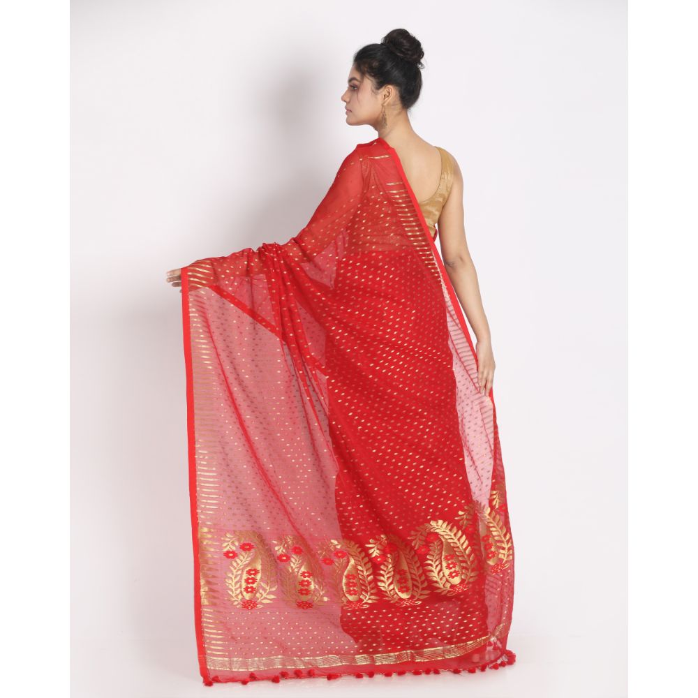 Women's Red Cotton Silk Jamdani Saree