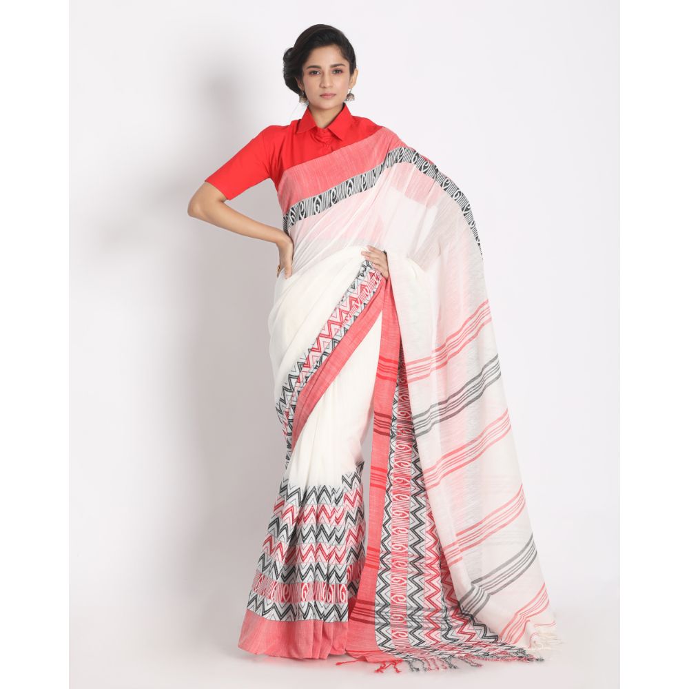 Women's Handspun Cotton White Handloom Begampuri Saree - Piyari Fashion