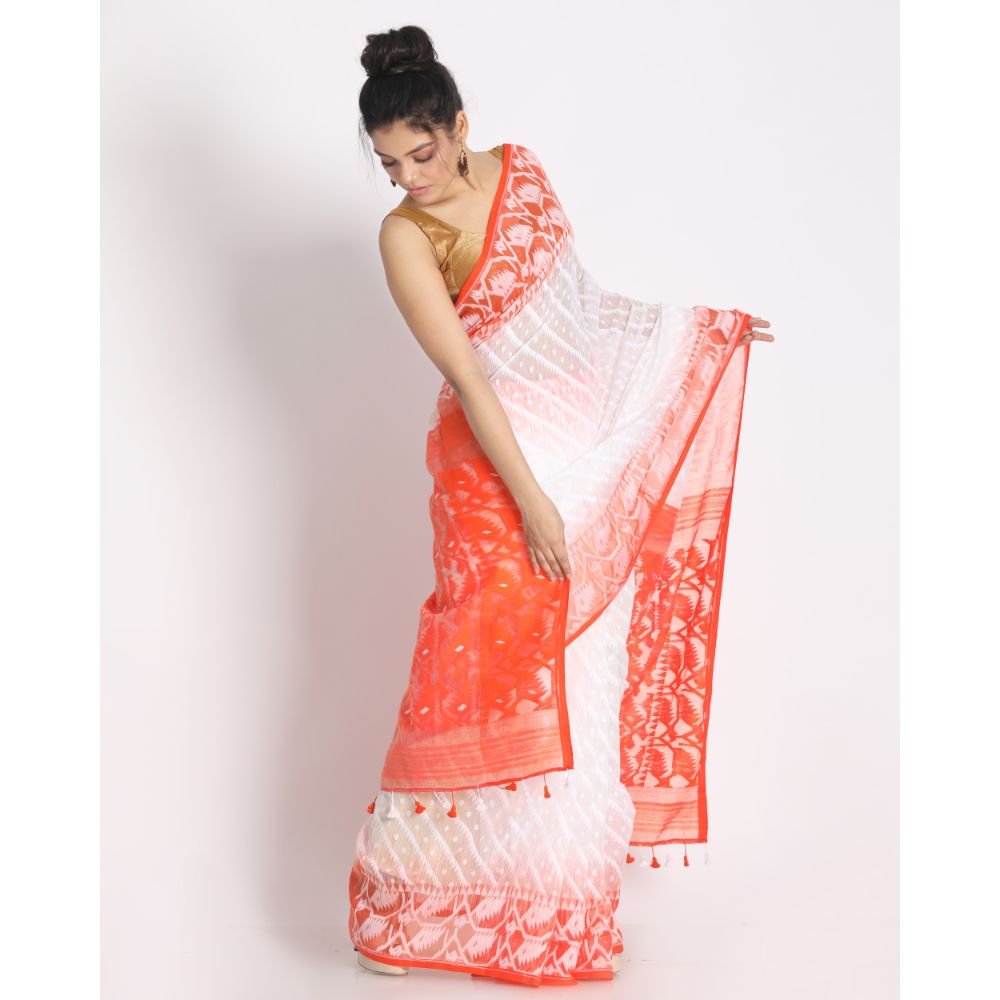 Women's White Cotton Silk Jamdani Saree - Piyari Fashion
