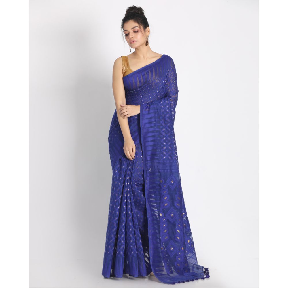 Women's Royel Blue Cotton Silk Jamdani Saree