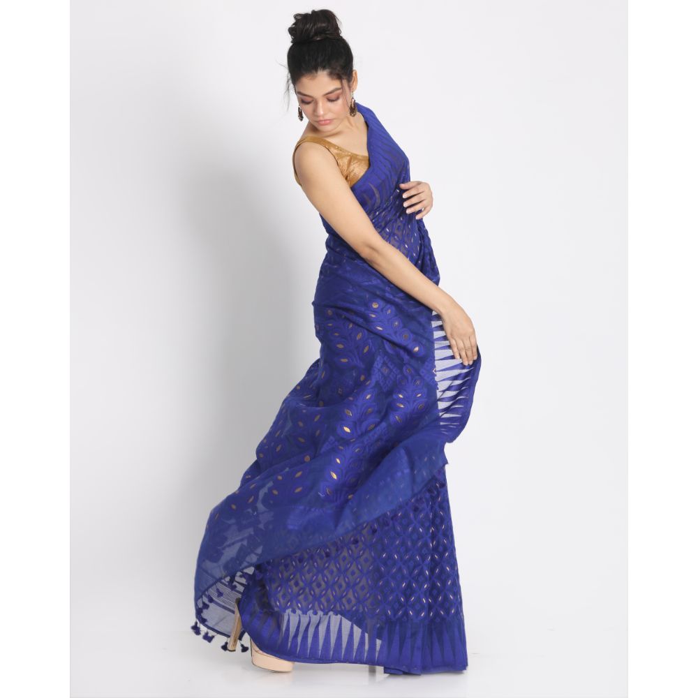 Women's Royel Blue Cotton Silk Jamdani Saree - Piyari Fashion