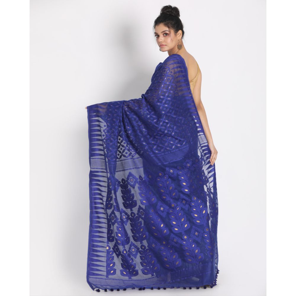 Women's Royel Blue Cotton Silk Jamdani Saree - Piyari Fashion