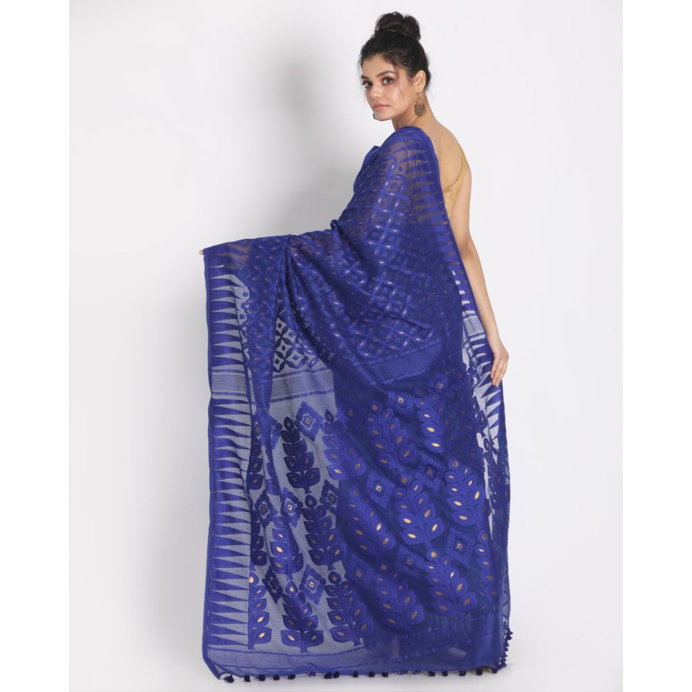 Women's Royel Blue Cotton Silk Jamdani Saree