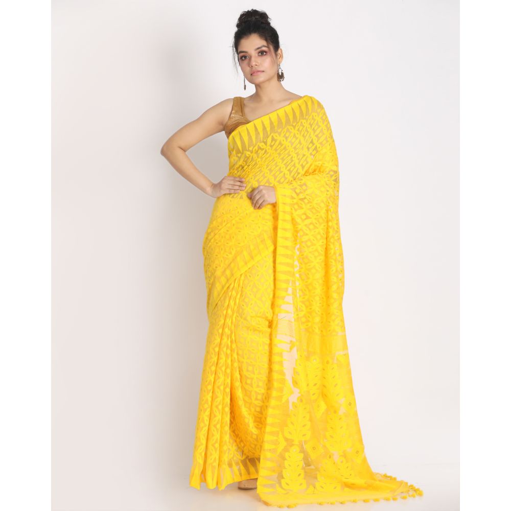 Women's Yellow Cotton Silk Jamdani Saree - Piyari Fashion