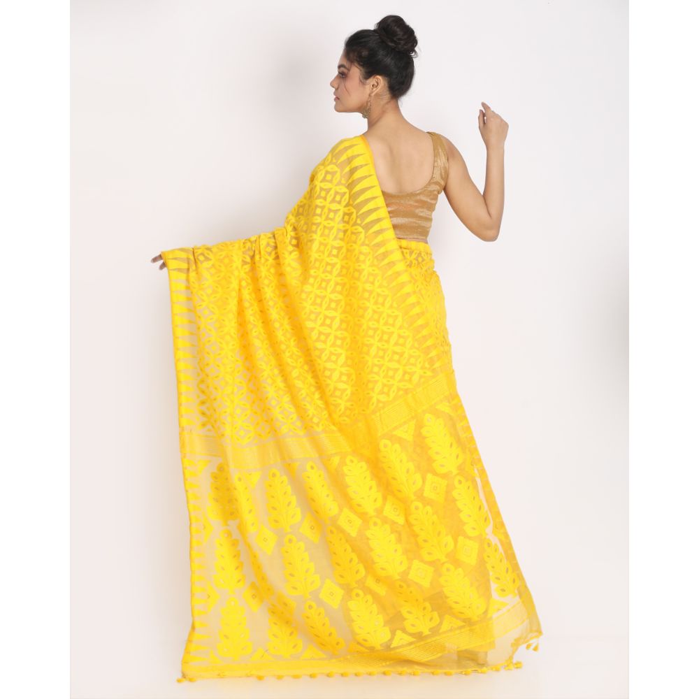 Women's Yellow Cotton Silk Jamdani Saree