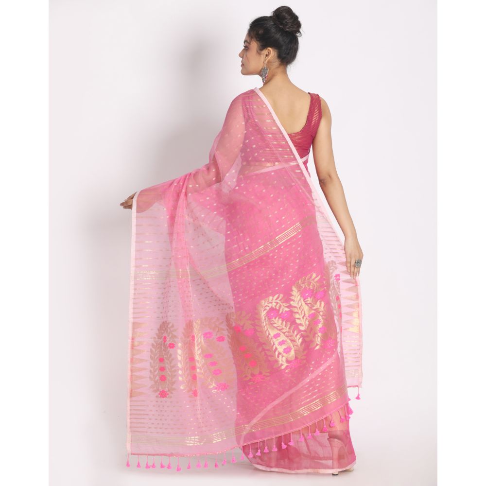 Women's Pink Cotton Silk Jamdani Saree