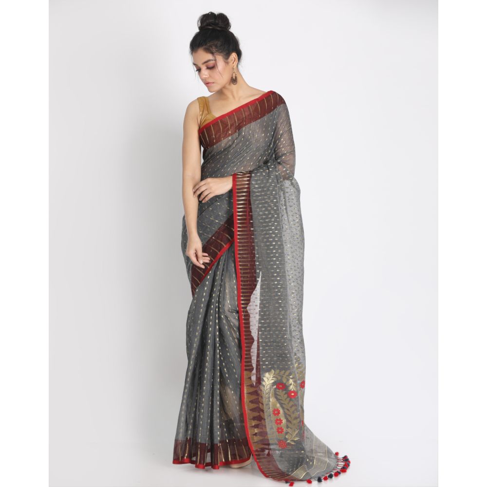 Women's Grey Cotton Silk Jamdani Saree - Piyari Fashion