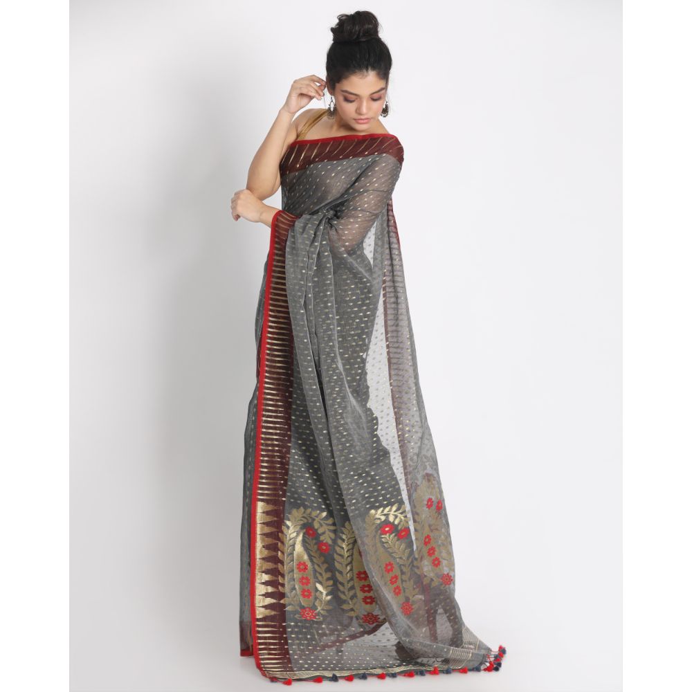Women's Grey Cotton Silk Jamdani Saree - Piyari Fashion