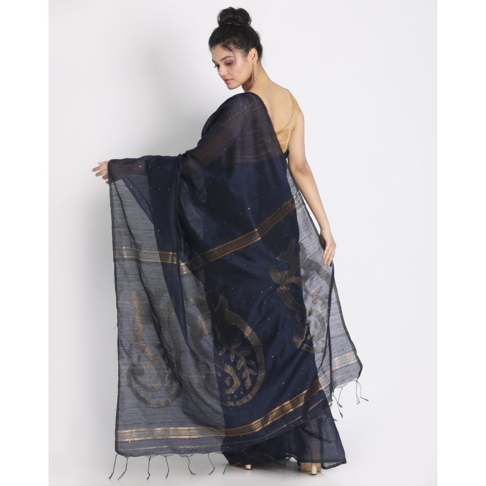 Women's Navy Blue Hand Woven Cotton Silk Jamdani Saree - Piyari Fashion