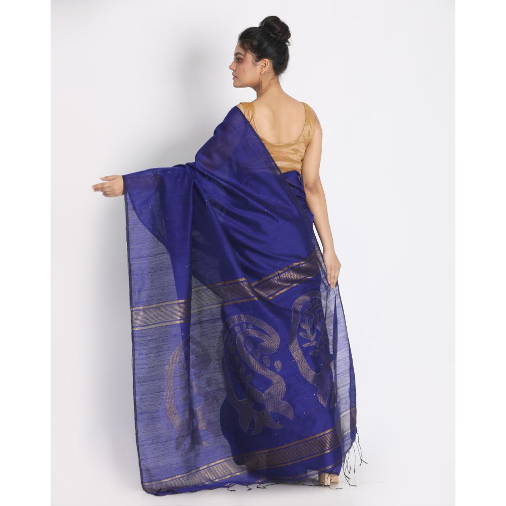 Women's Royel Blue Hand Woven Cotton Silk Jamdani Saree - Piyari Fashion