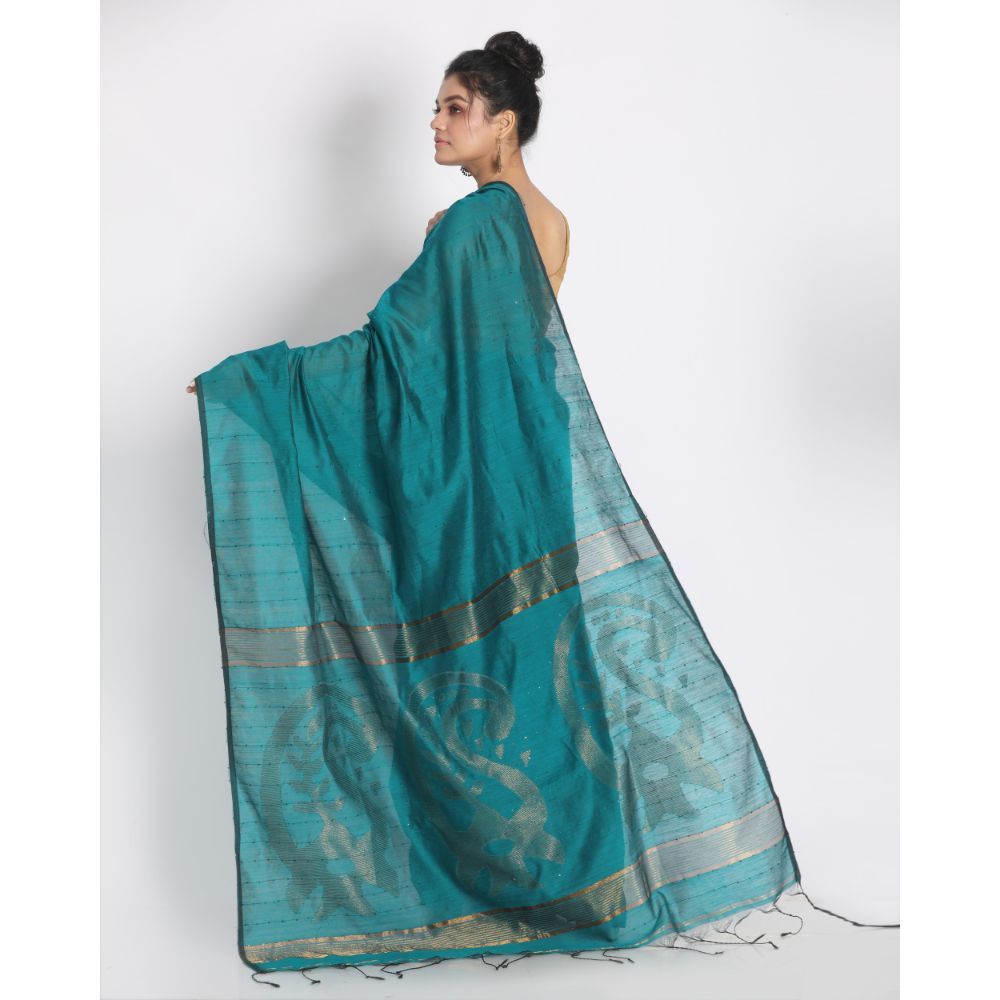 Women's Teal Hand Woven Cotton Silk Jamdani Saree - Piyari Fashion