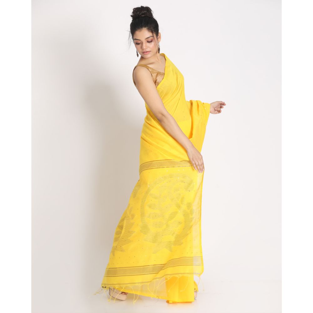 Women's Yellow Hand Woven Cotton Silk Jamdani Saree - Piyari Fashion
