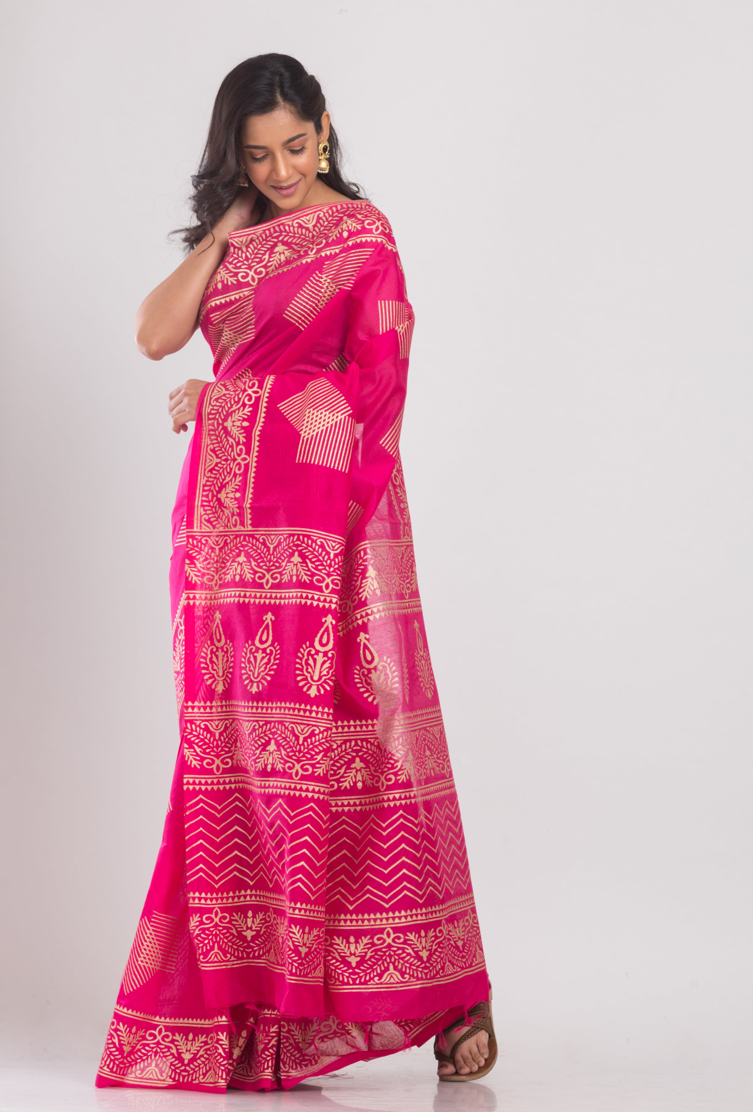 Women's Pink Hand Woven Cotton Silk Printed Saree - Piyari Fashion