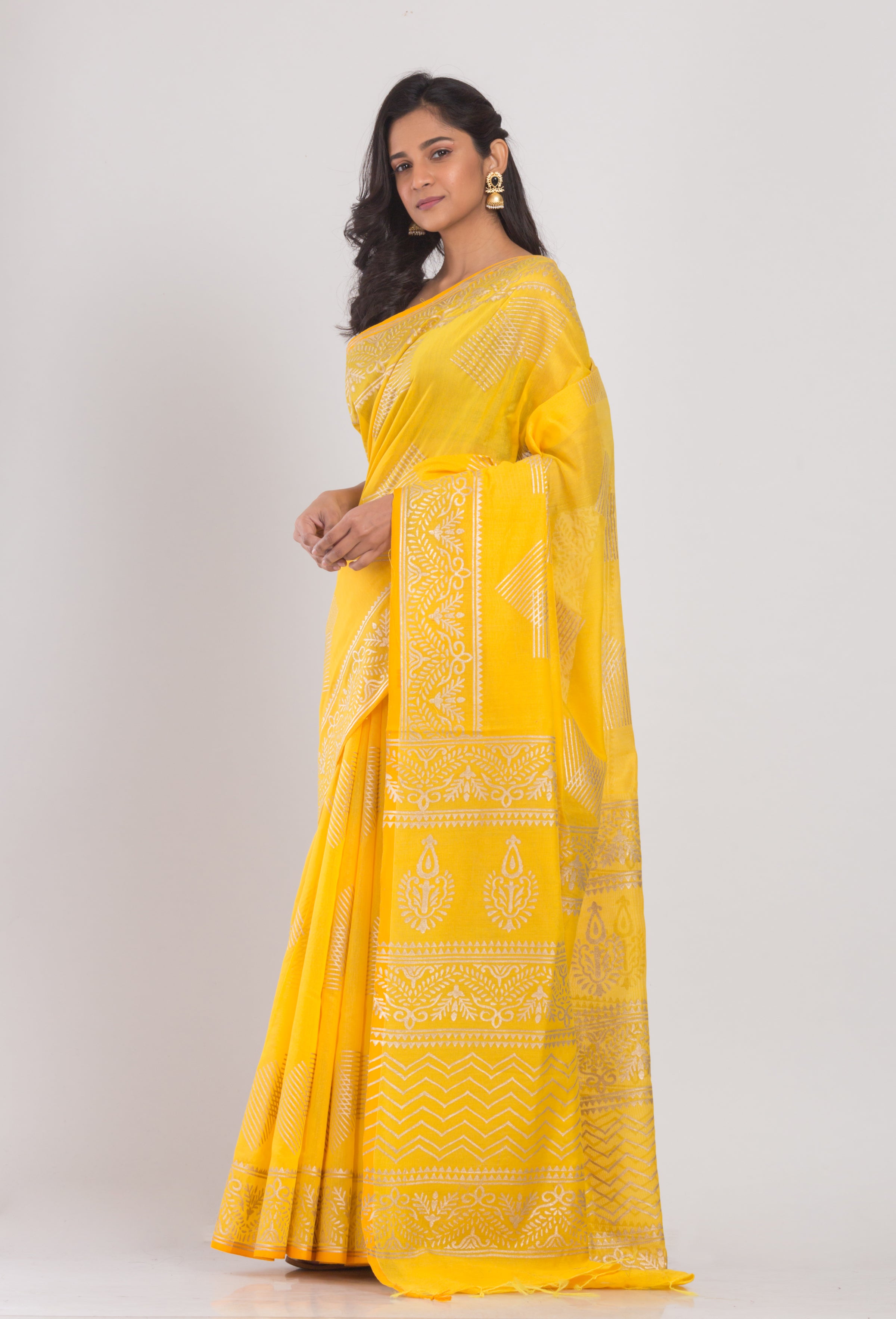 Women's Yellow Hand Woven Cotton Silk Printed Saree - Piyari Fashion