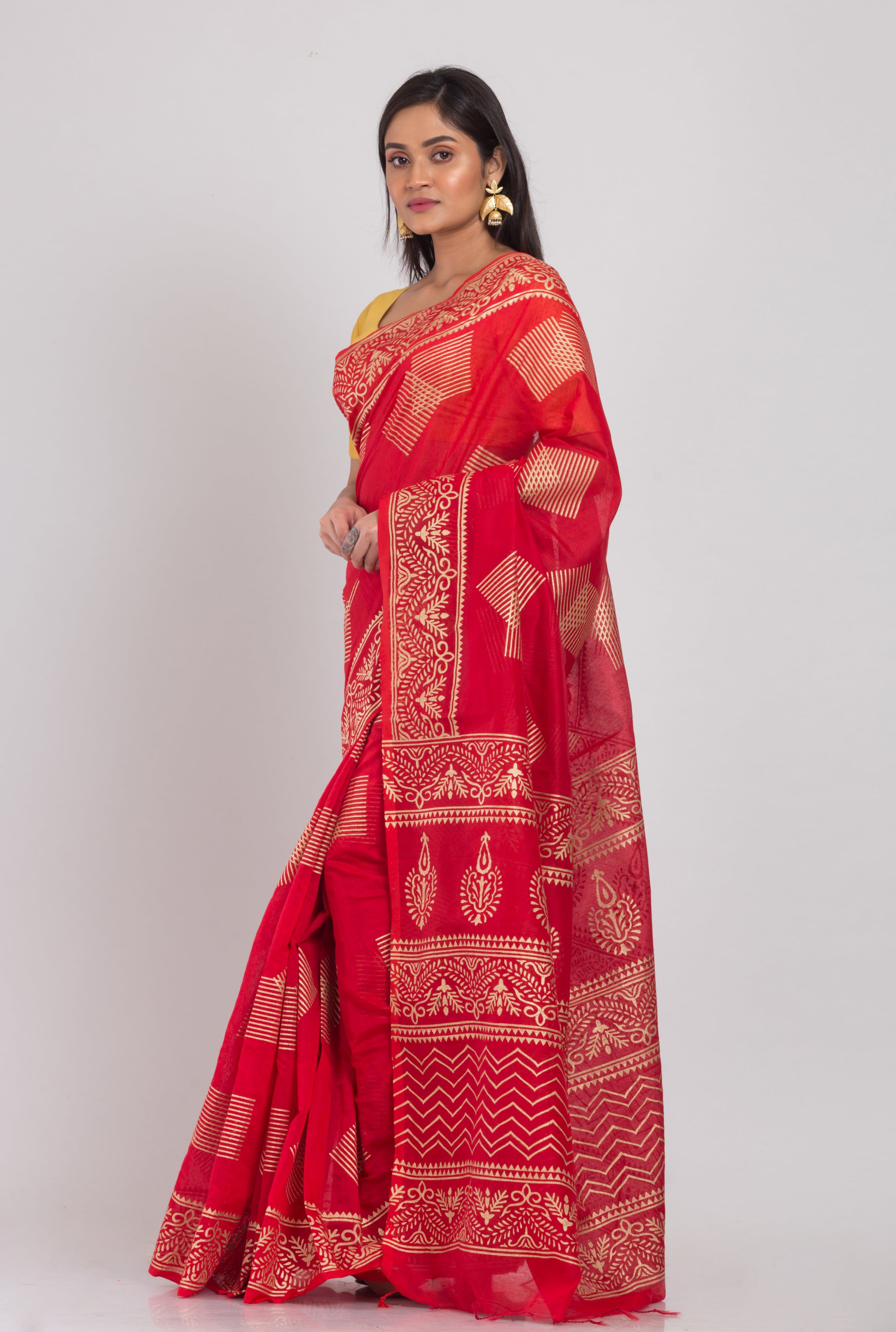 Women's Red Hand Woven Cotton Silk Printed Saree - Piyari Fashion