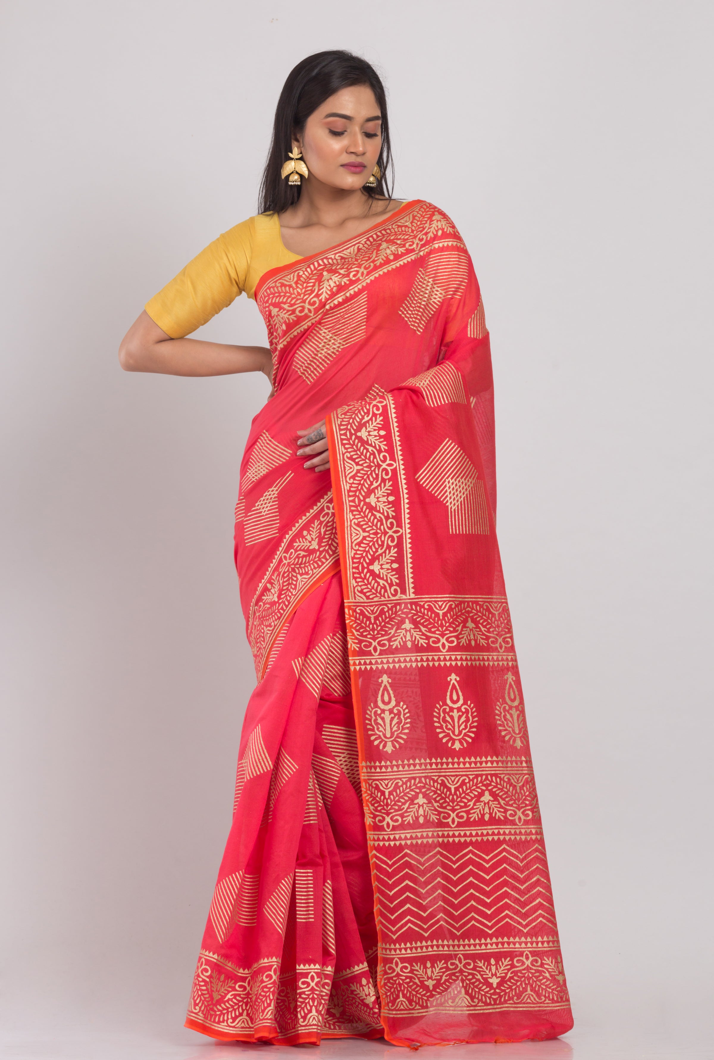 Women's Tometa Red Hand Woven Cotton Silk Printed Saree - Piyari Fashion