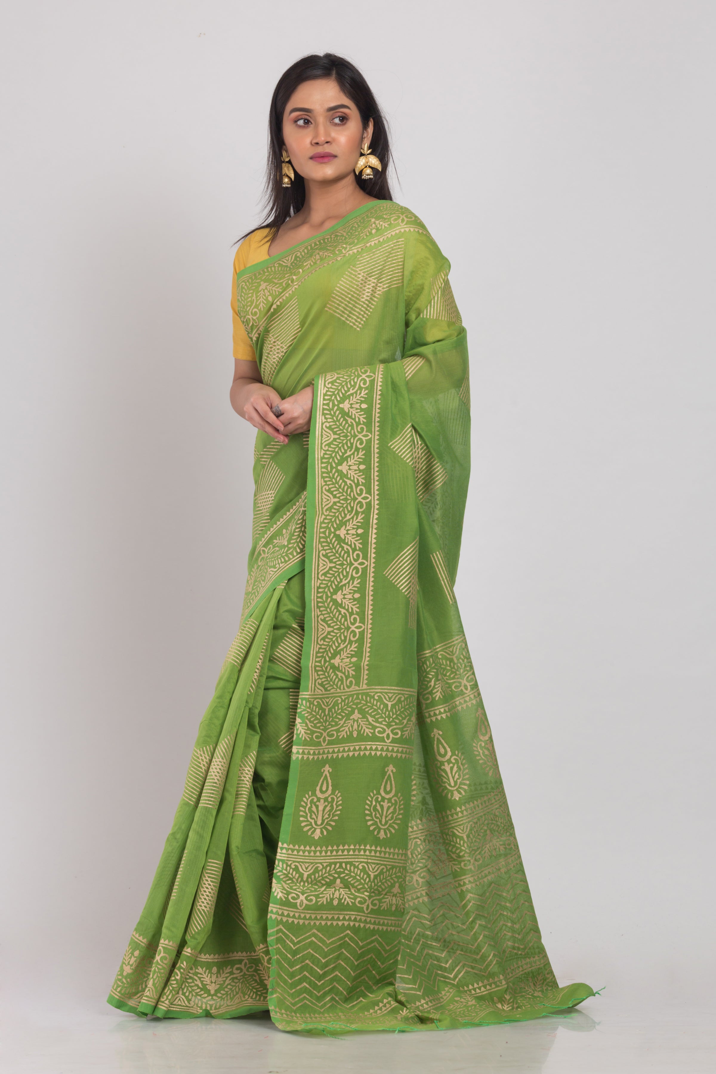 Women's Green Hand Woven Cotton Silk Printed Saree - Piyari Fashion