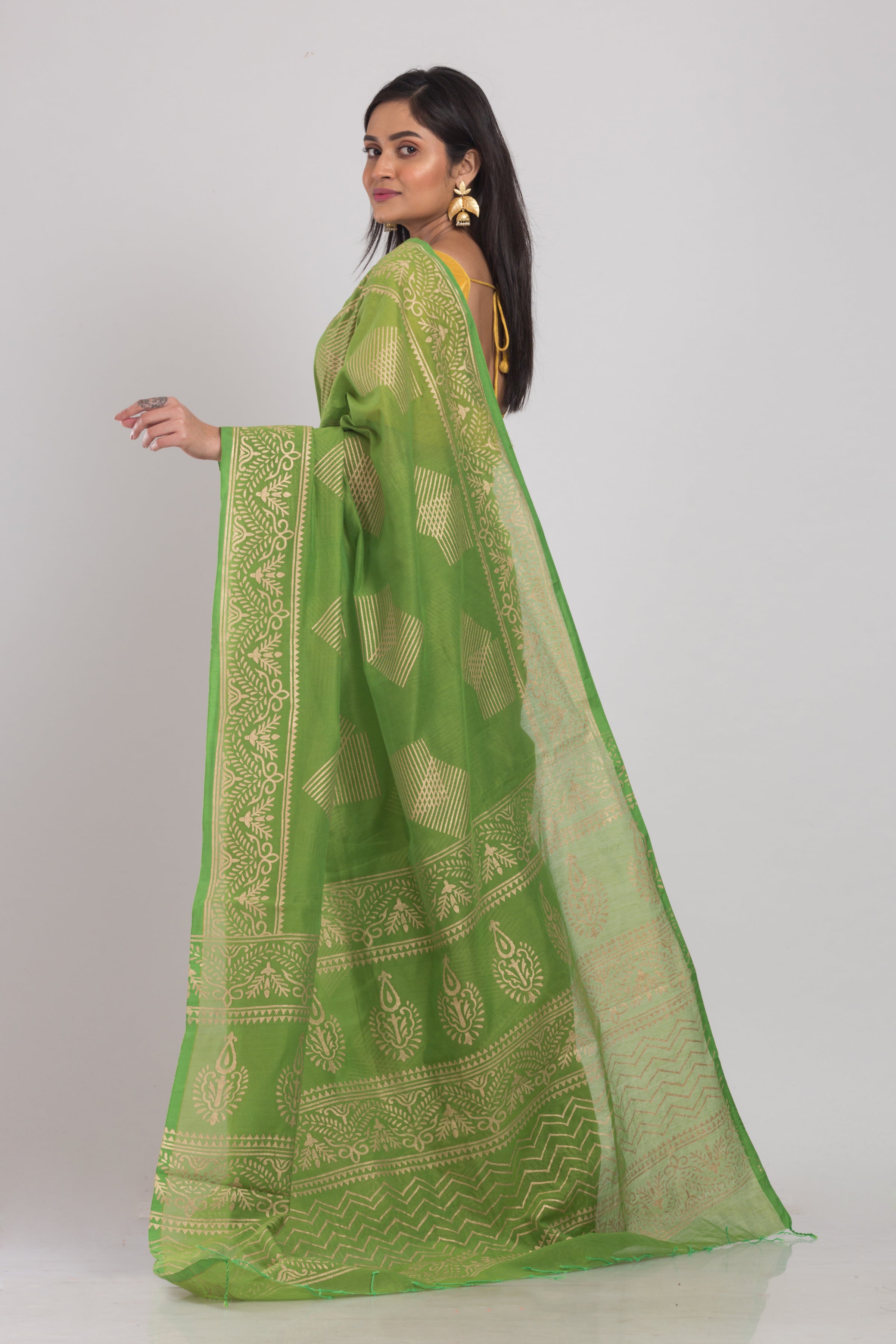 Women's Green Hand Woven Cotton Silk Printed Saree - Piyari Fashion