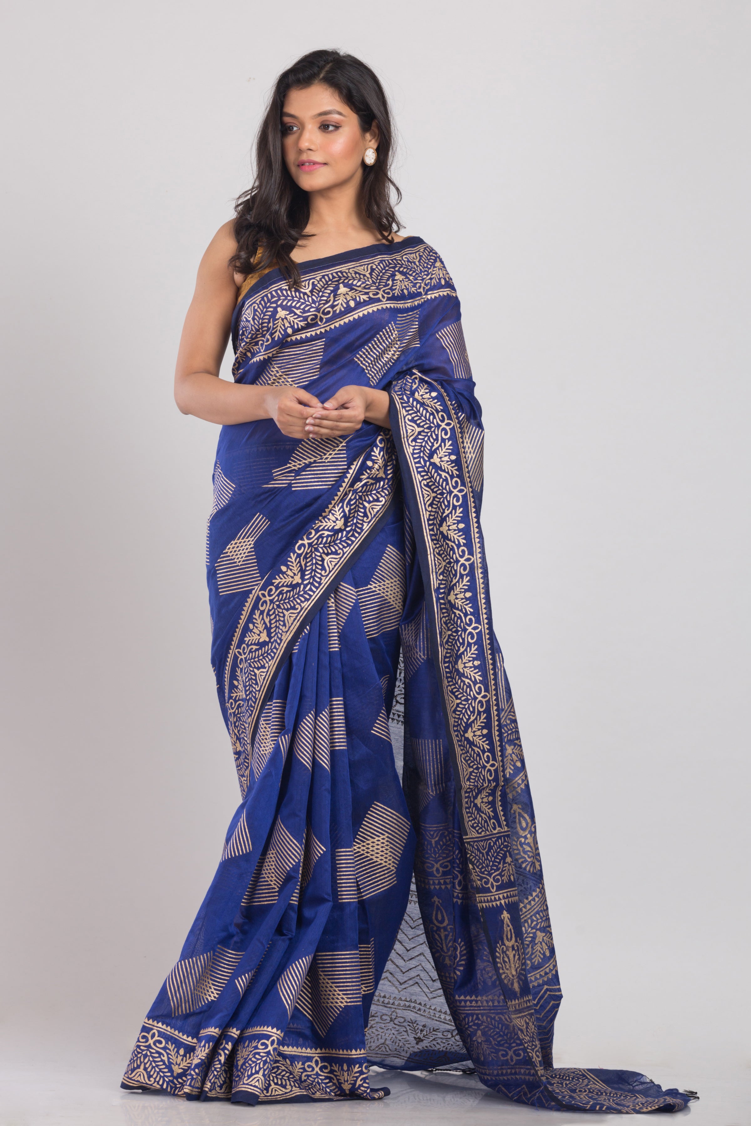 Women's Blue Hand Woven Cotton Silk Printed Saree - Piyari Fashion