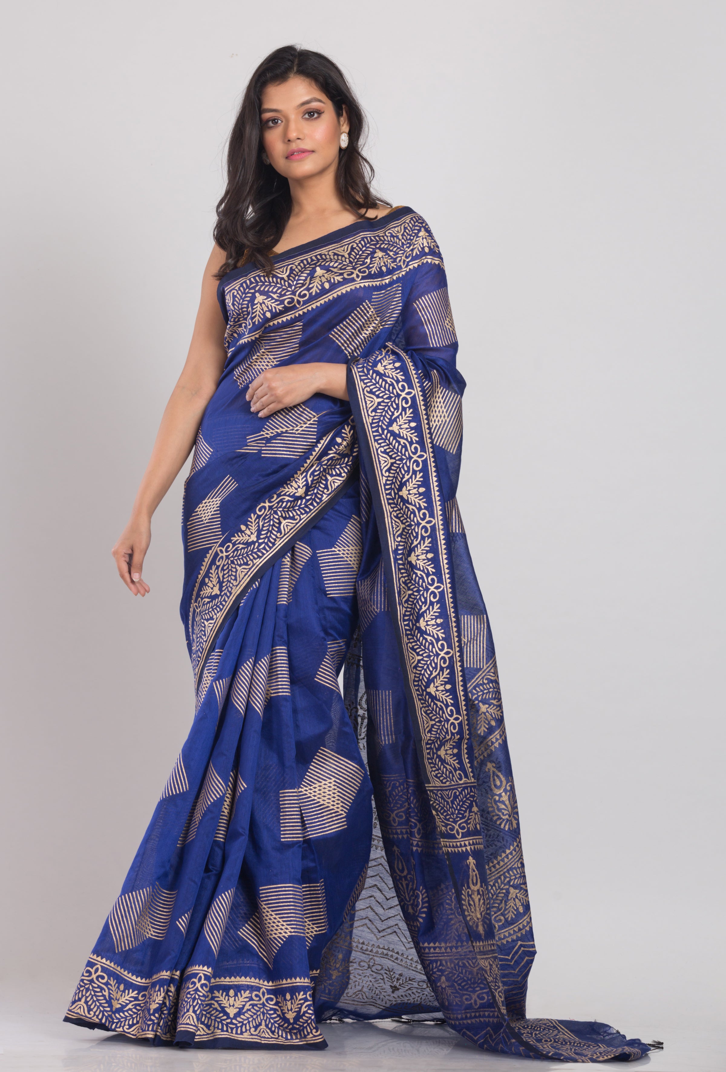 Women's Blue Hand Woven Cotton Silk Printed Saree - Piyari Fashion