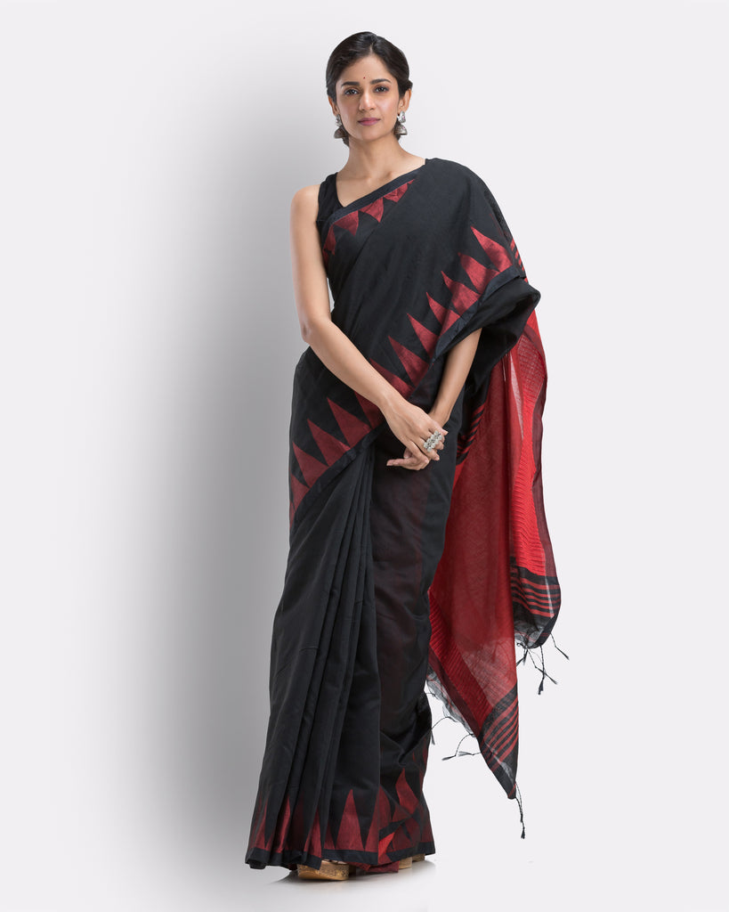 Women's Black Cotton Blend Handloom Saree