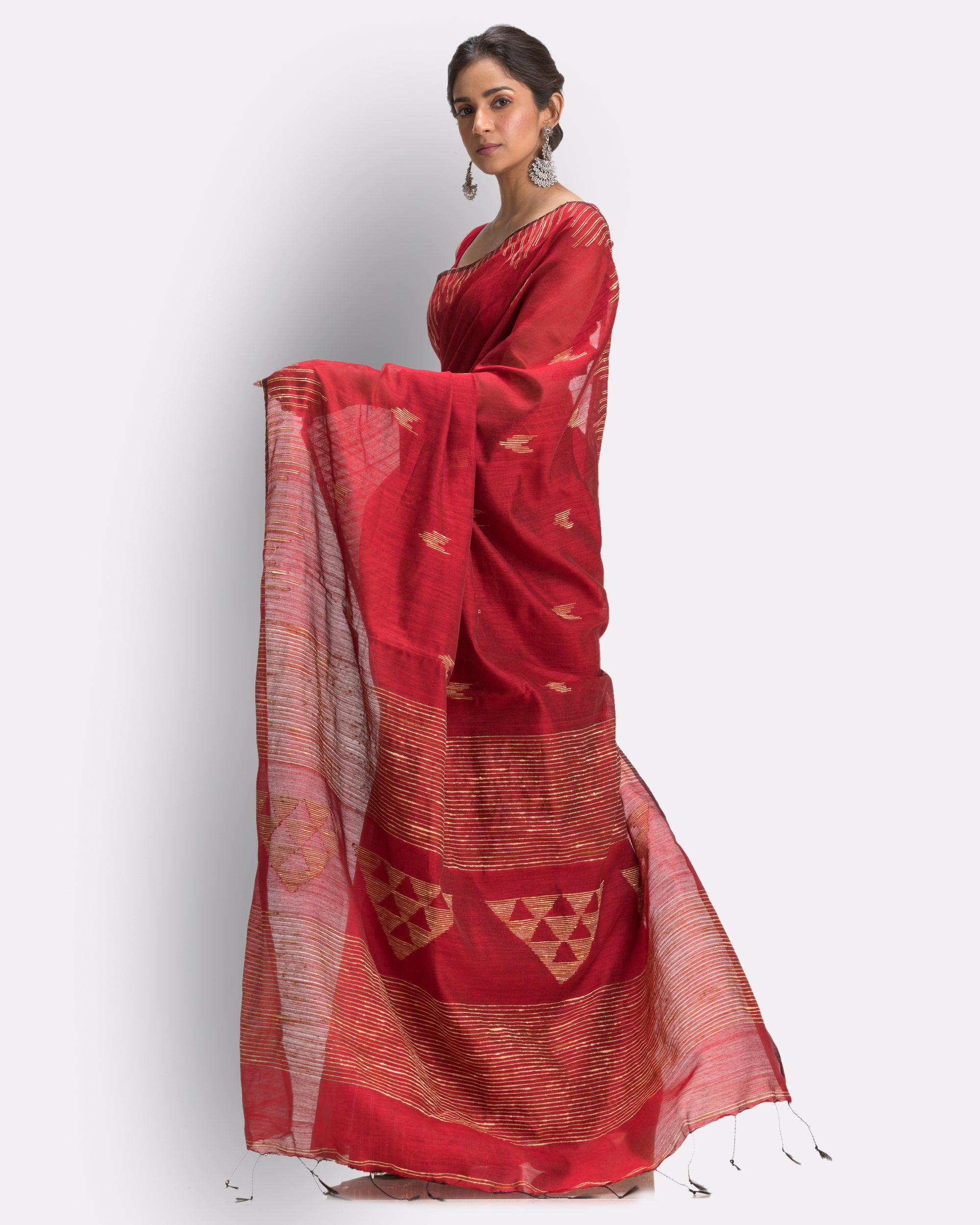 Women's Maroon Cotton Blend Handloom Saree - Piyari Fashion