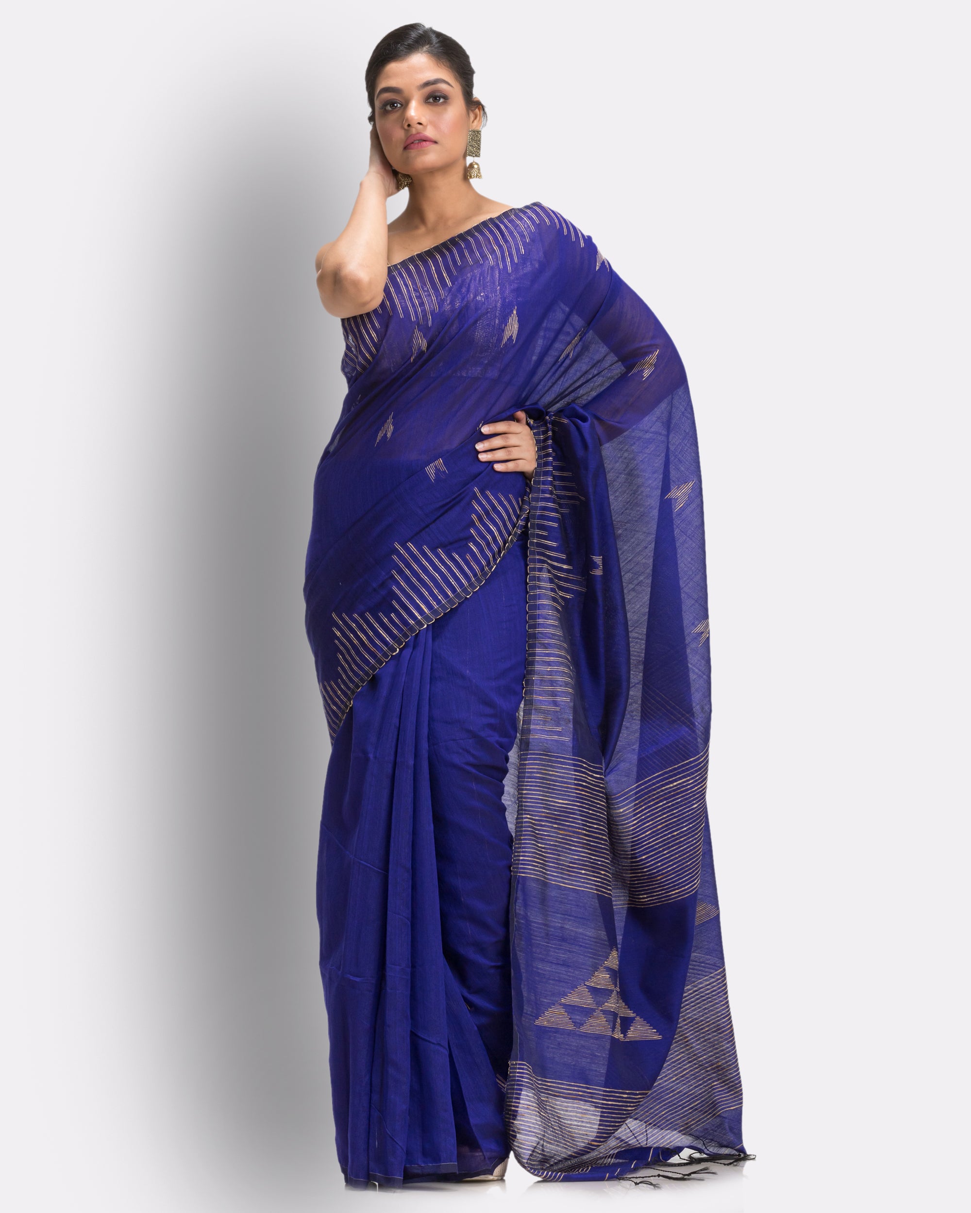 Women's Royel Blue Cotton Blend Handloom Saree - Piyari Fashion