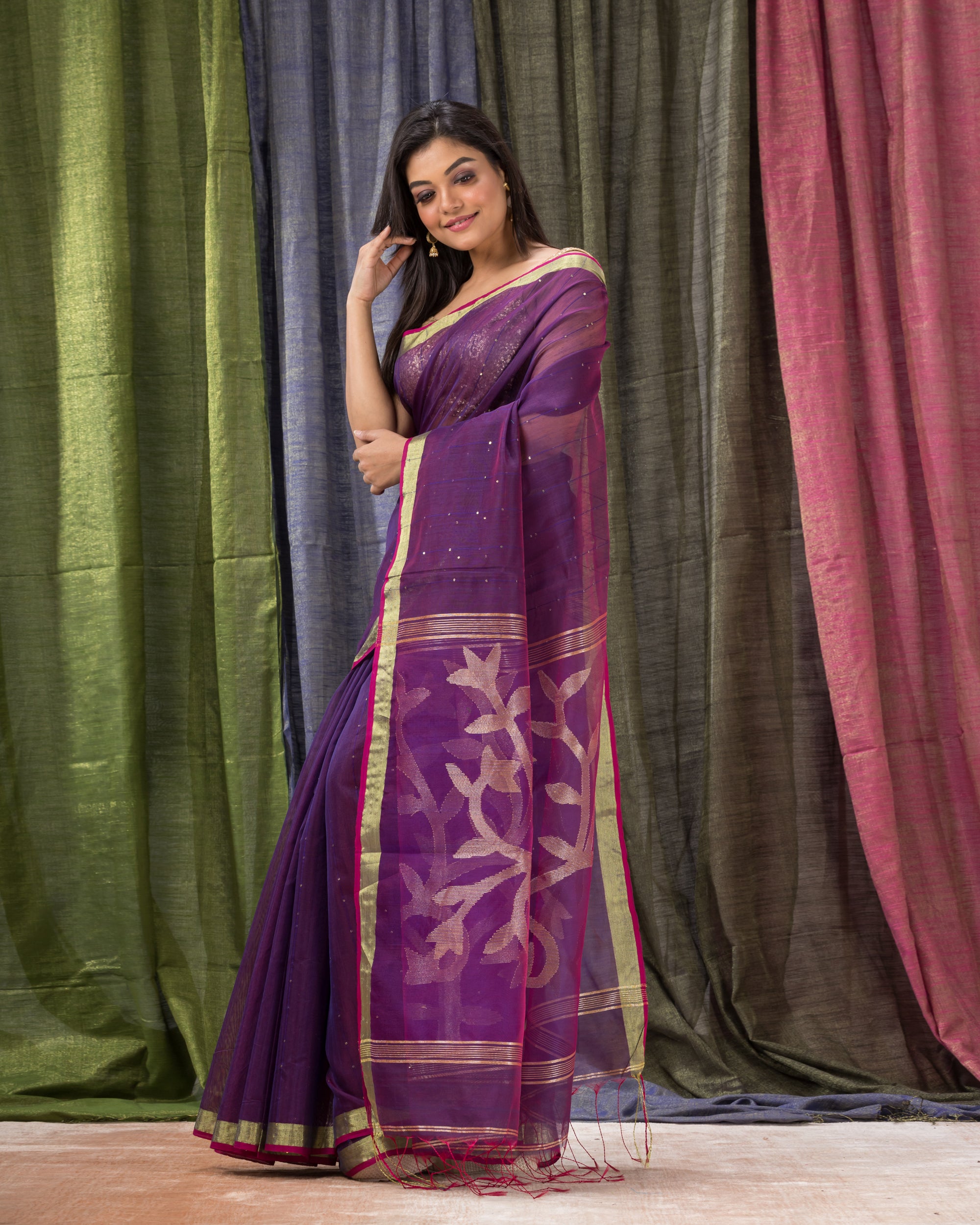Women's Purple Cotton Blend Handloom Jamdani Saree - Piyari Fashion