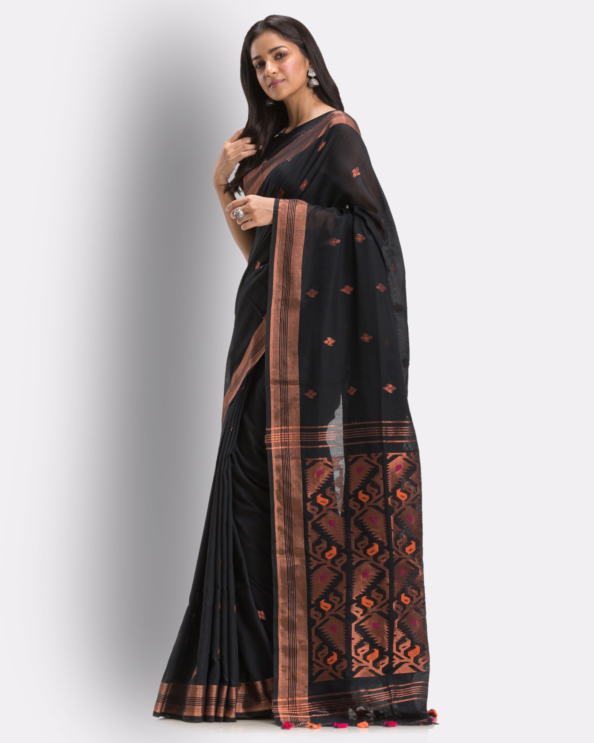 Women's Black Handloom Cotton Tangail Saree - Piyari Fashion