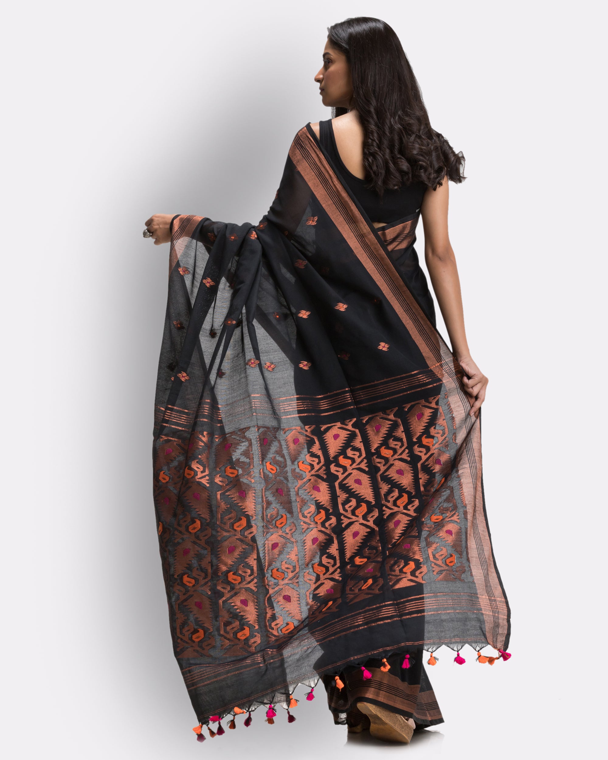 Women's Black Handloom Cotton Tangail Saree - Piyari Fashion