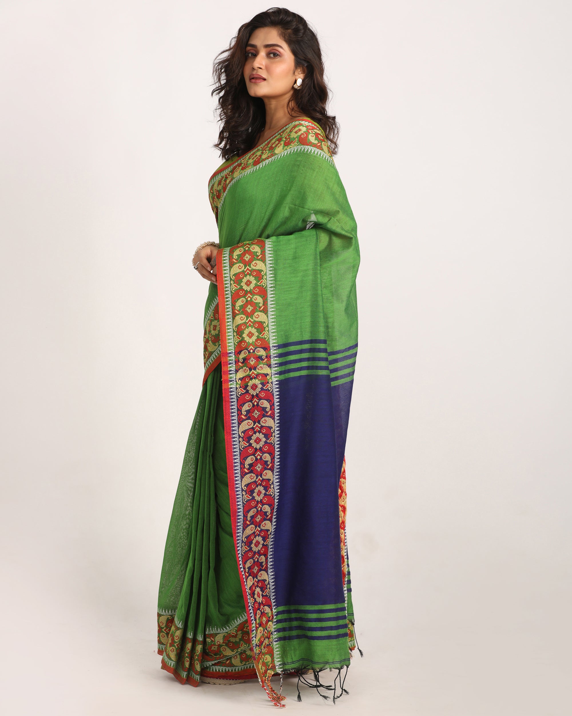 Women's Green Handloom Handspun Cotton Saree - Piyari Fashion