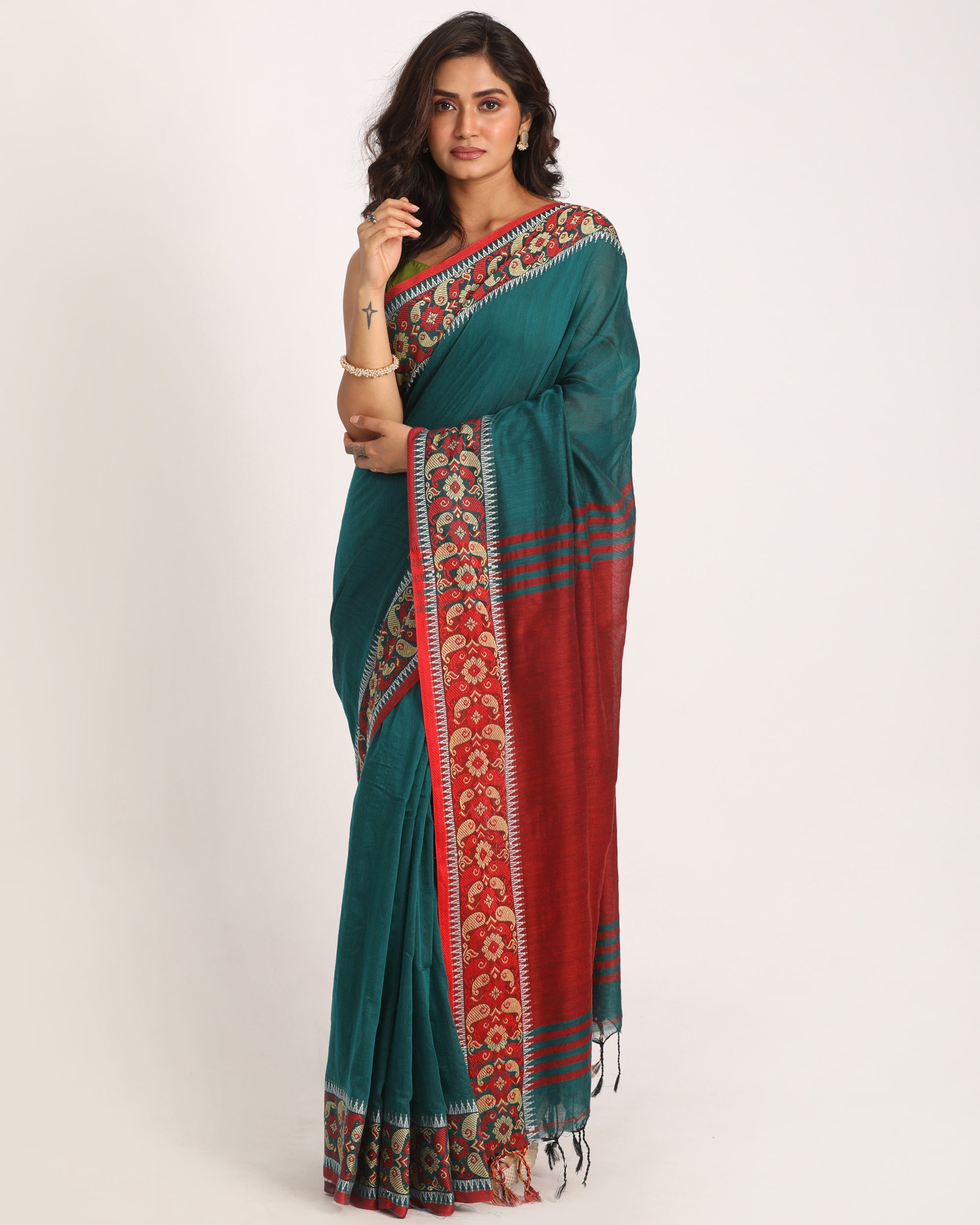 Women's Deep Teal Handloom Handspun Cotton Saree - Piyari Fashion