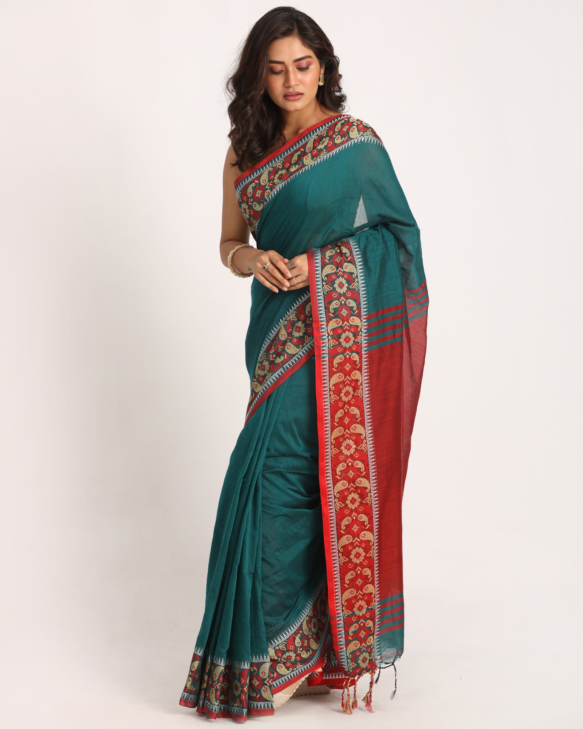 Women's Deep Teal Handloom Handspun Cotton Saree - Piyari Fashion