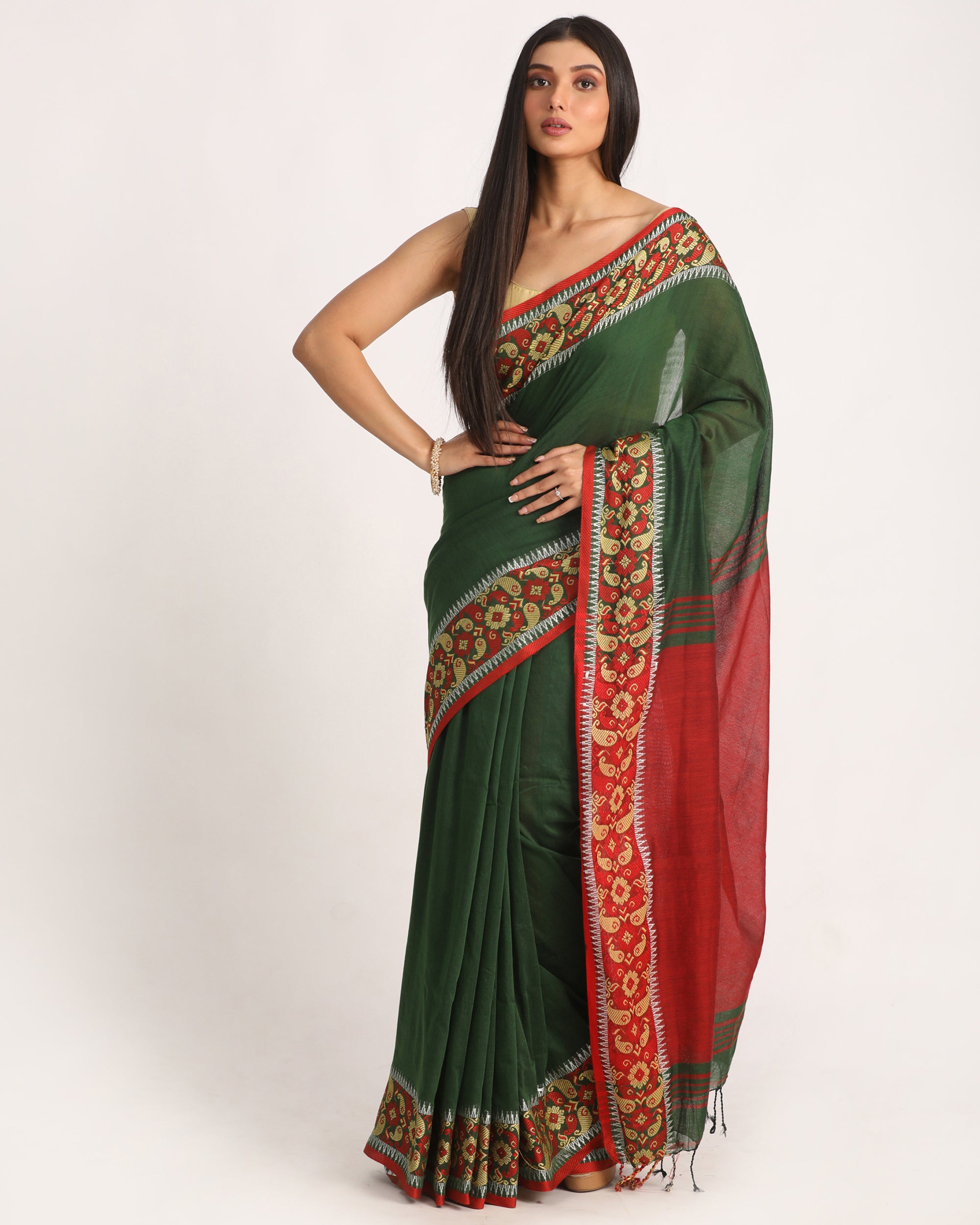 Women's Dark Green Handloom Handspun Cotton Saree - Piyari Fashion