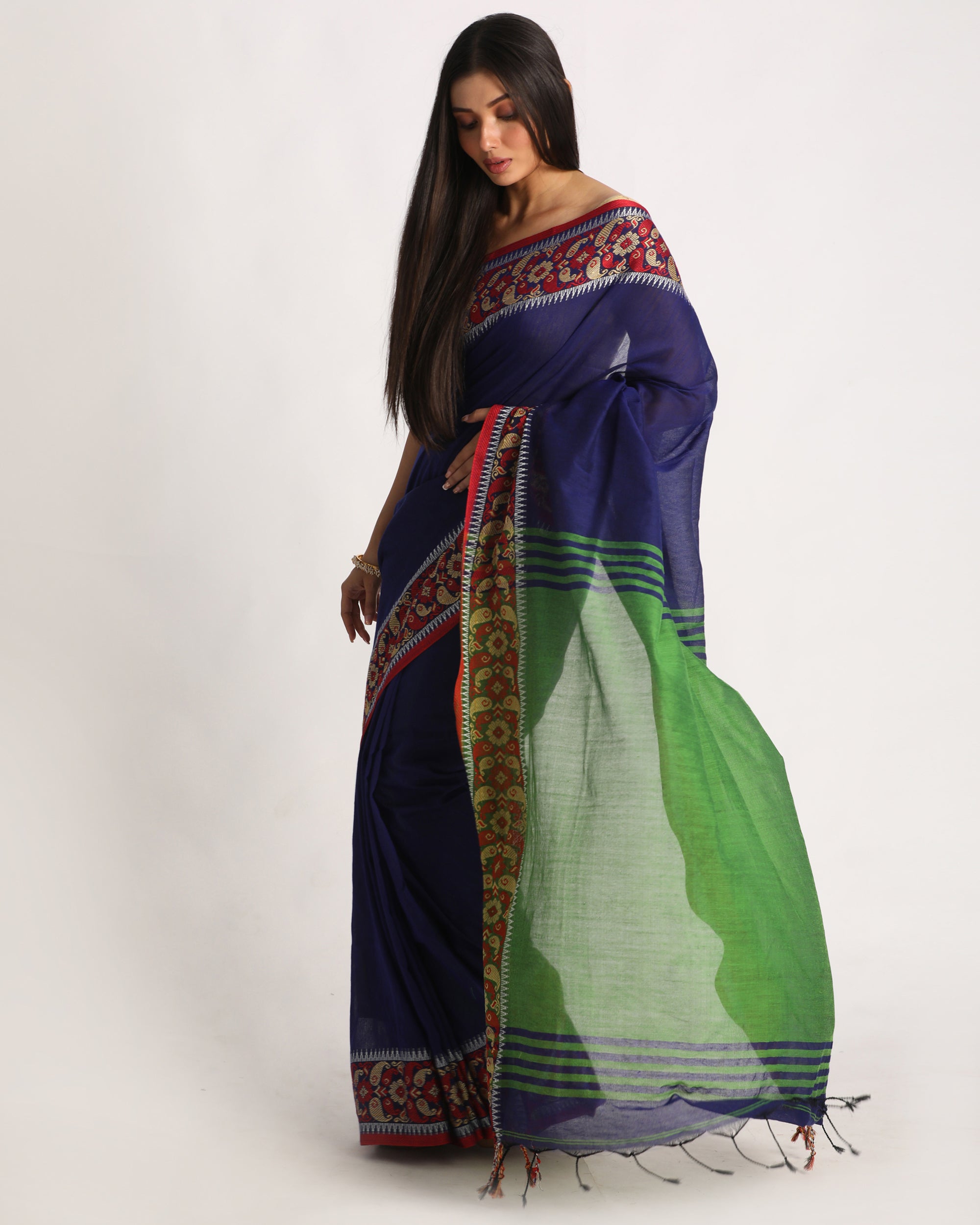 Women's Blue Handloom Handspun Cotton Saree - Piyari Fashion