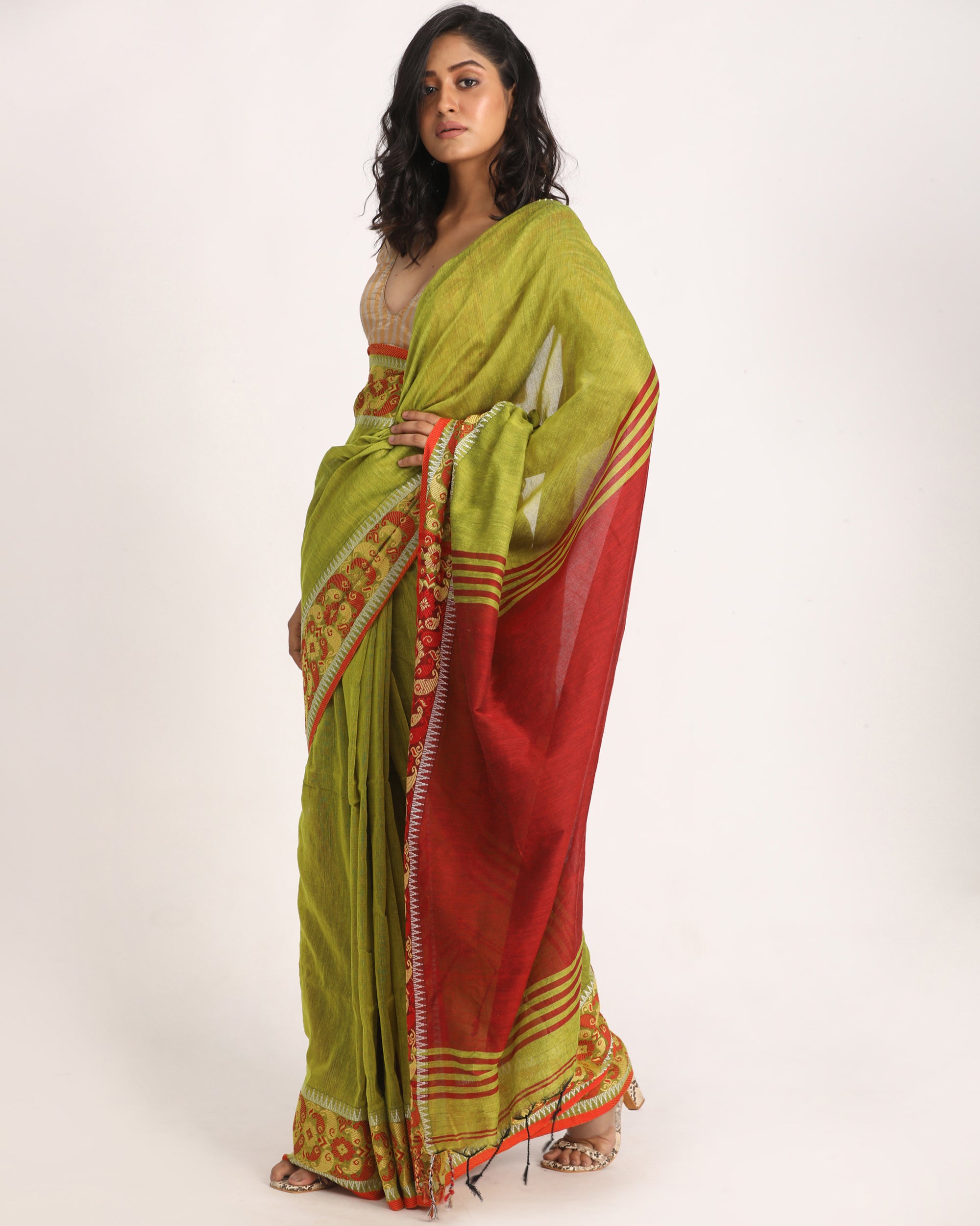 Women's Lemon Handloom Handspun Cotton Saree - Piyari Fashion