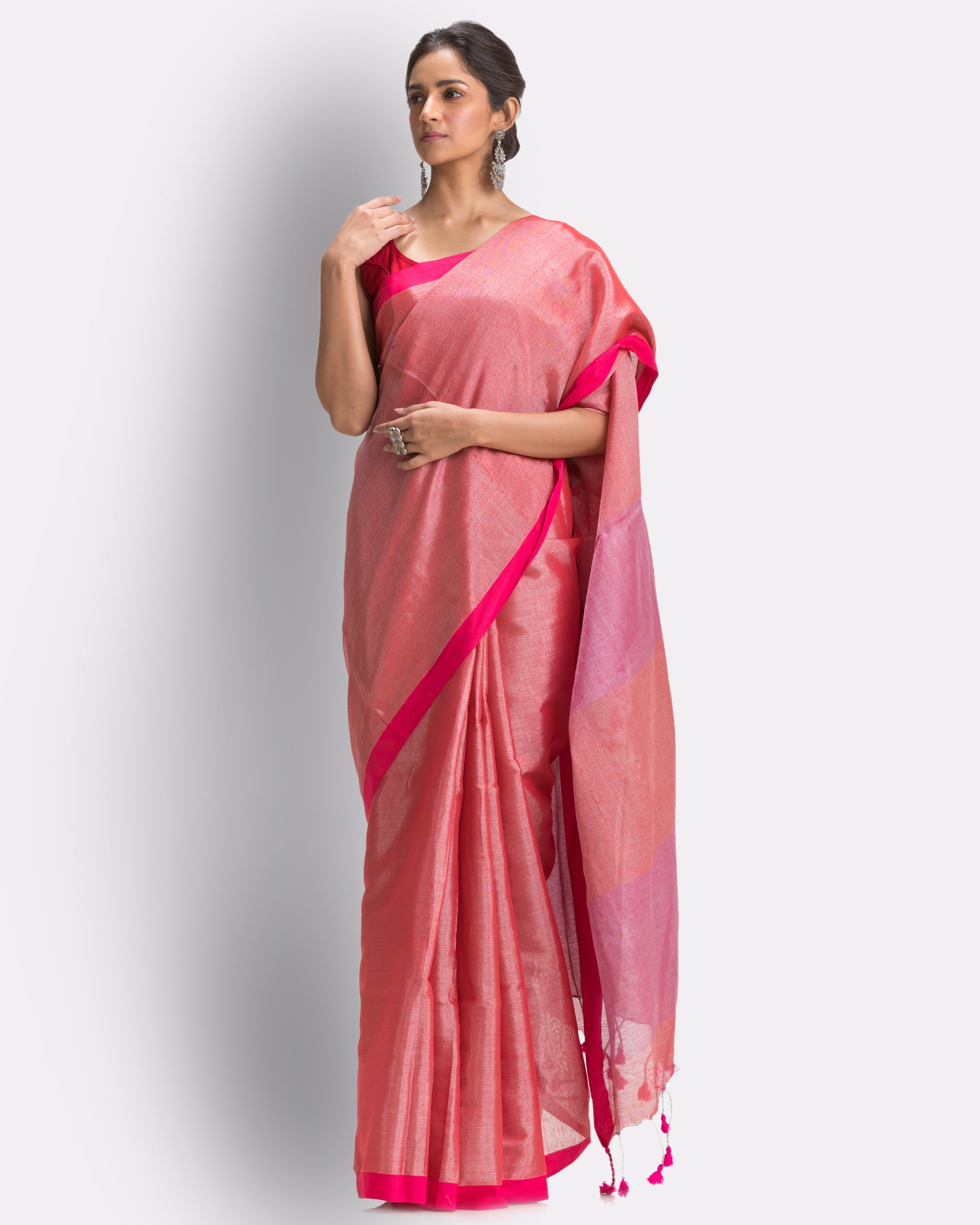 Women's Peach Hand Woven Cotton Blend Tissue Saree - Piyari Fashion