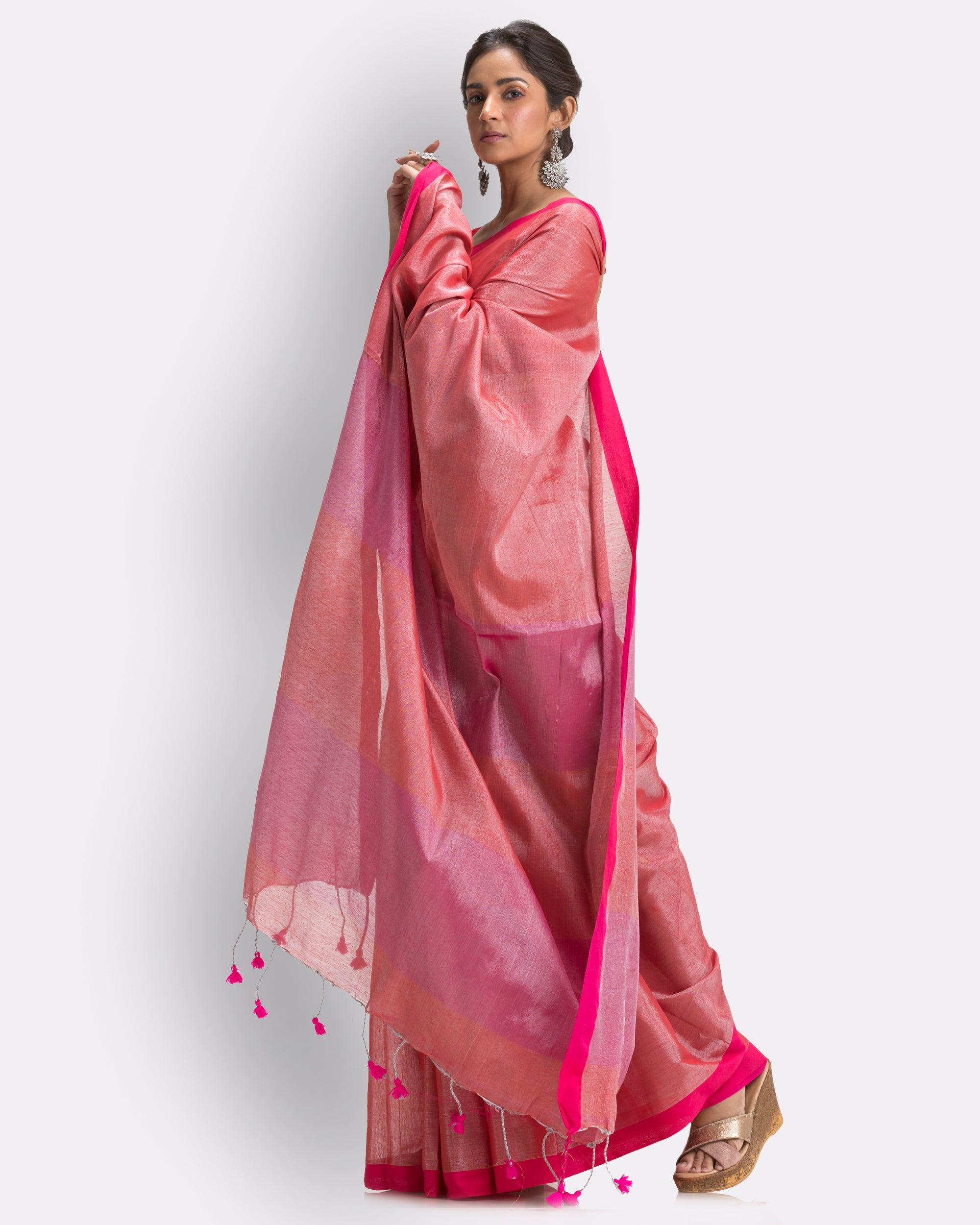 Women's Peach Hand Woven Cotton Blend Tissue Saree - Piyari Fashion