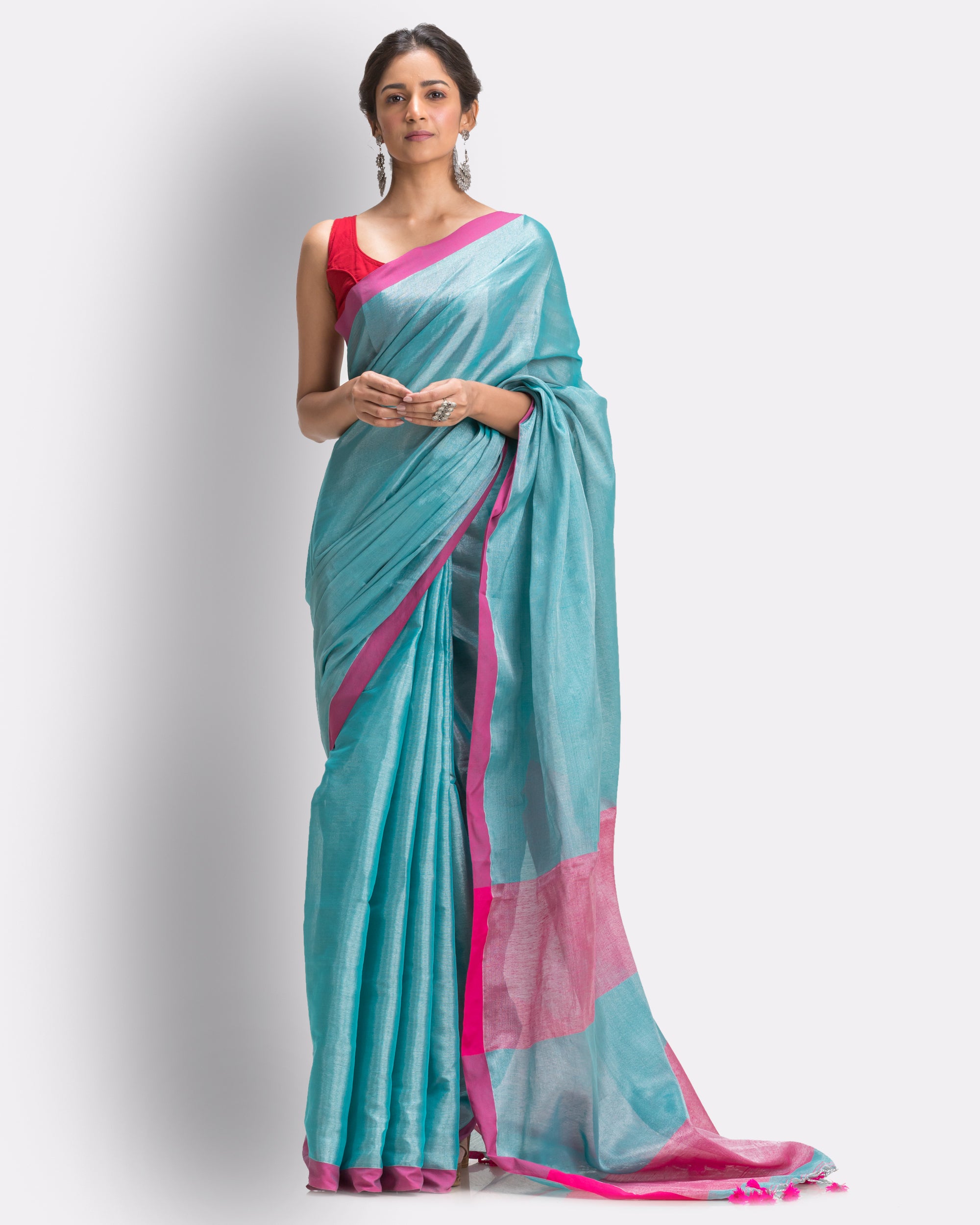 Women's Turquoise Hand Woven Cotton Blend Tissue Saree - Piyari Fashion