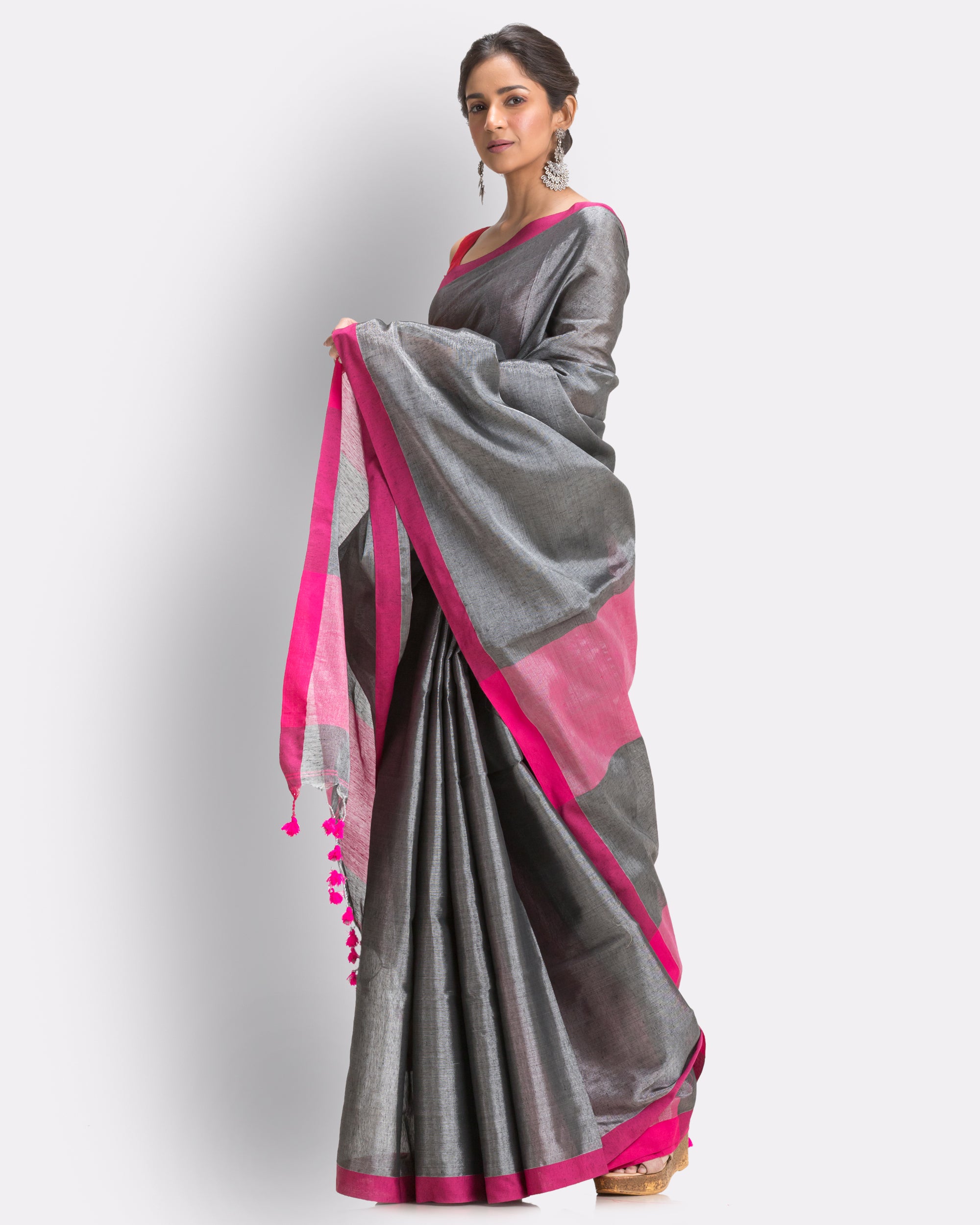 Women's Grey Hand Woven Cotton Blend Tissue Saree - Piyari Fashion