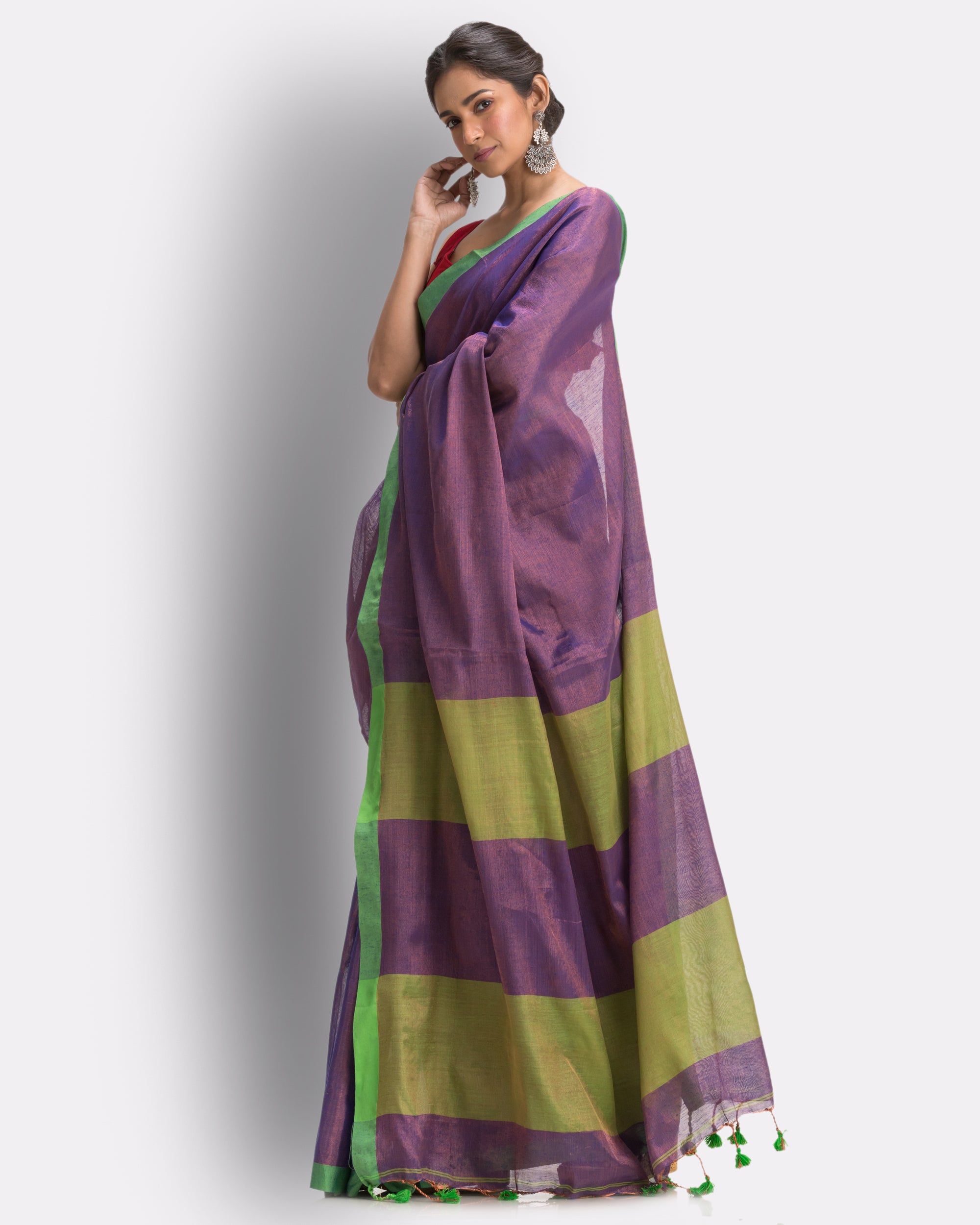Women's Blue Hand Woven Cotton Blend Tissue Saree - Piyari Fashion