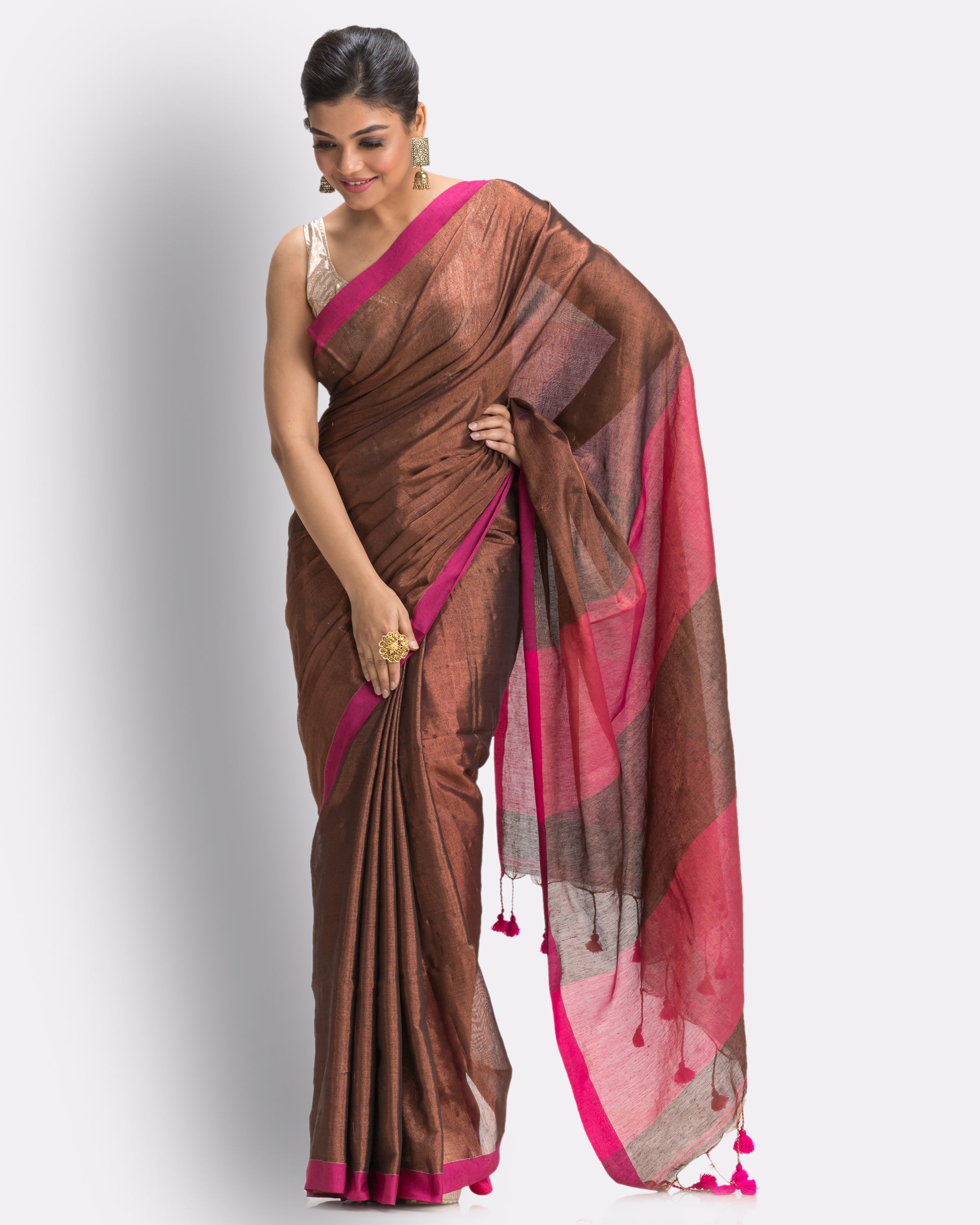 Women's Cppper Hand Woven Cotton Blend Tissue Saree - Piyari Fashion