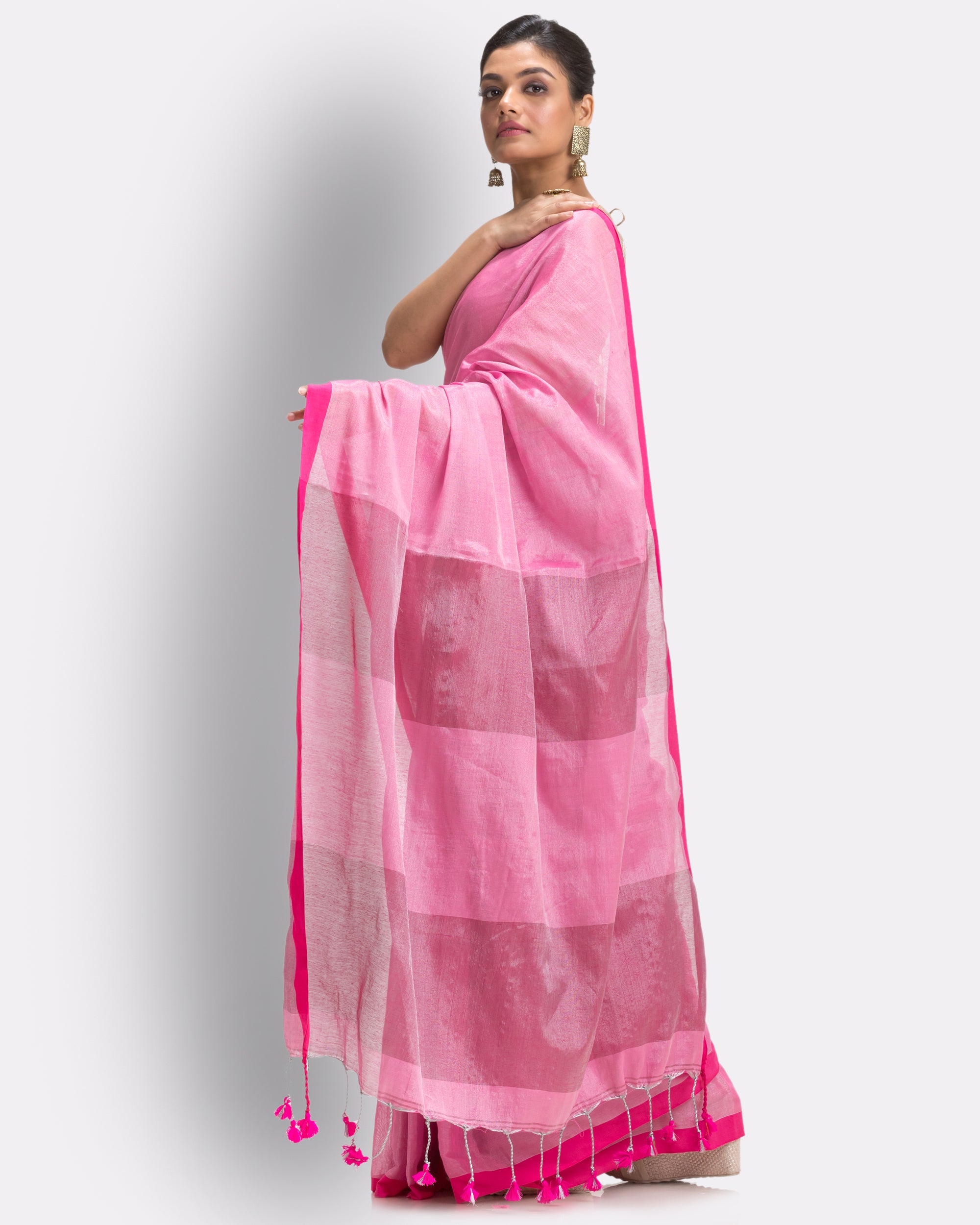 Women's Pink Hand Woven Cotton Blend Tissue Saree - Piyari Fashion