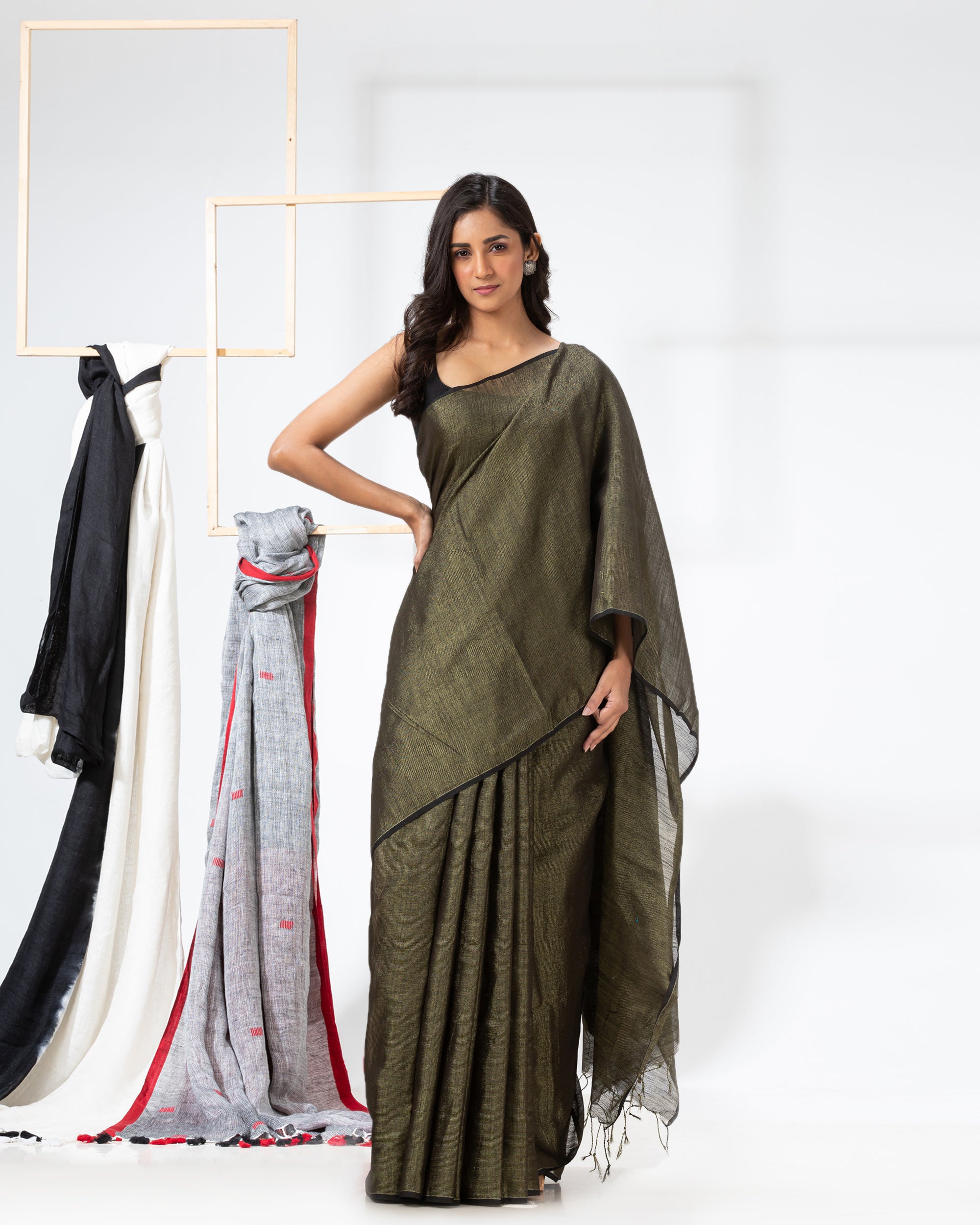 Women's Rifle Green Hand Woven Cotton Blend Tissue Saree - Piyari Fashion