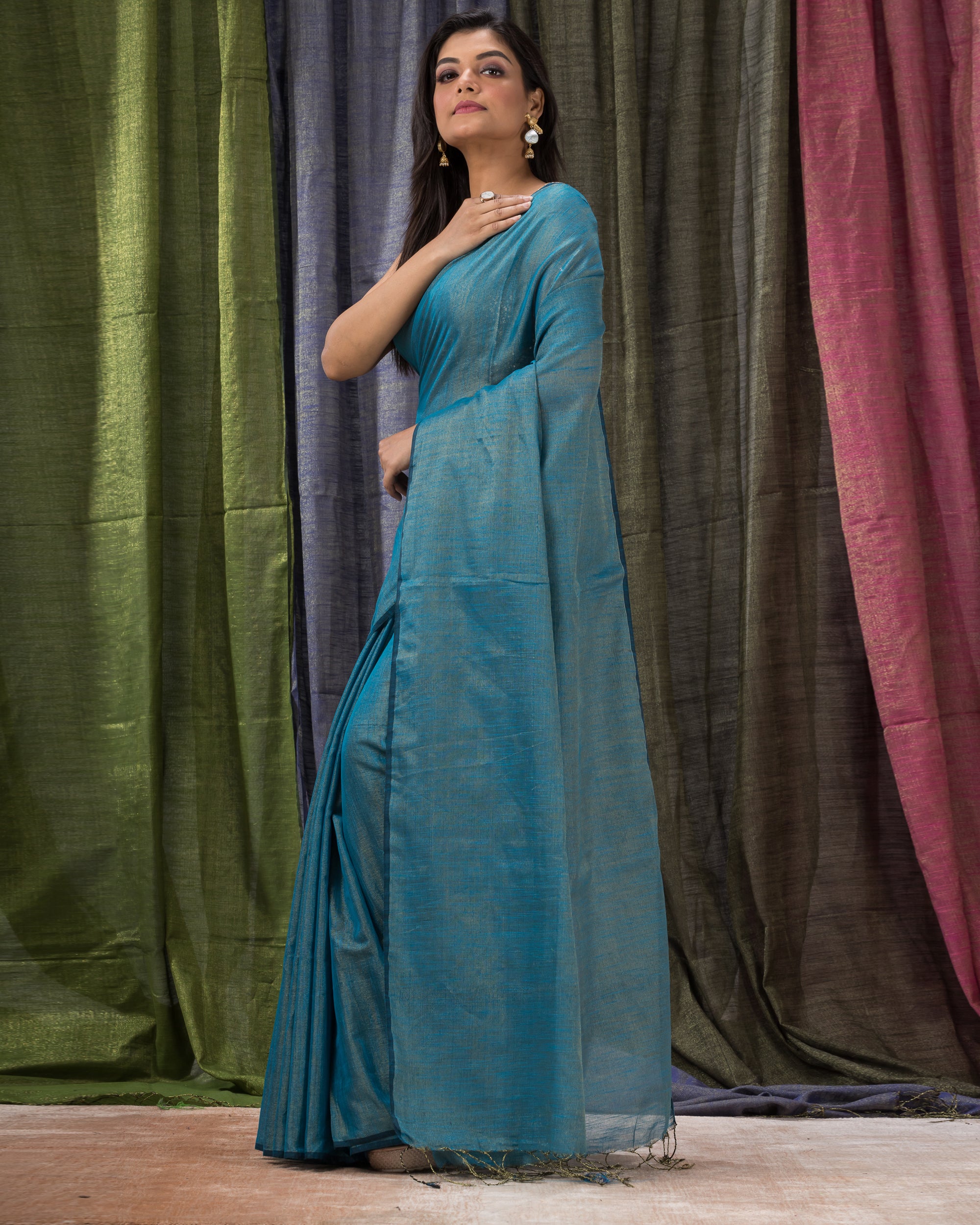 Women's Sky Blue Hand Woven Cotton Blend Tissue Saree - Piyari Fashion