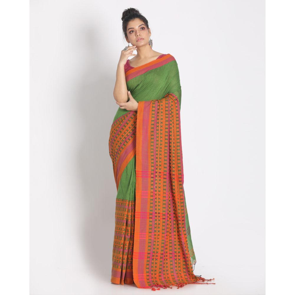 Women's Handspun Cotton Green Handloom Begampuri Saree - Piyari Fashion