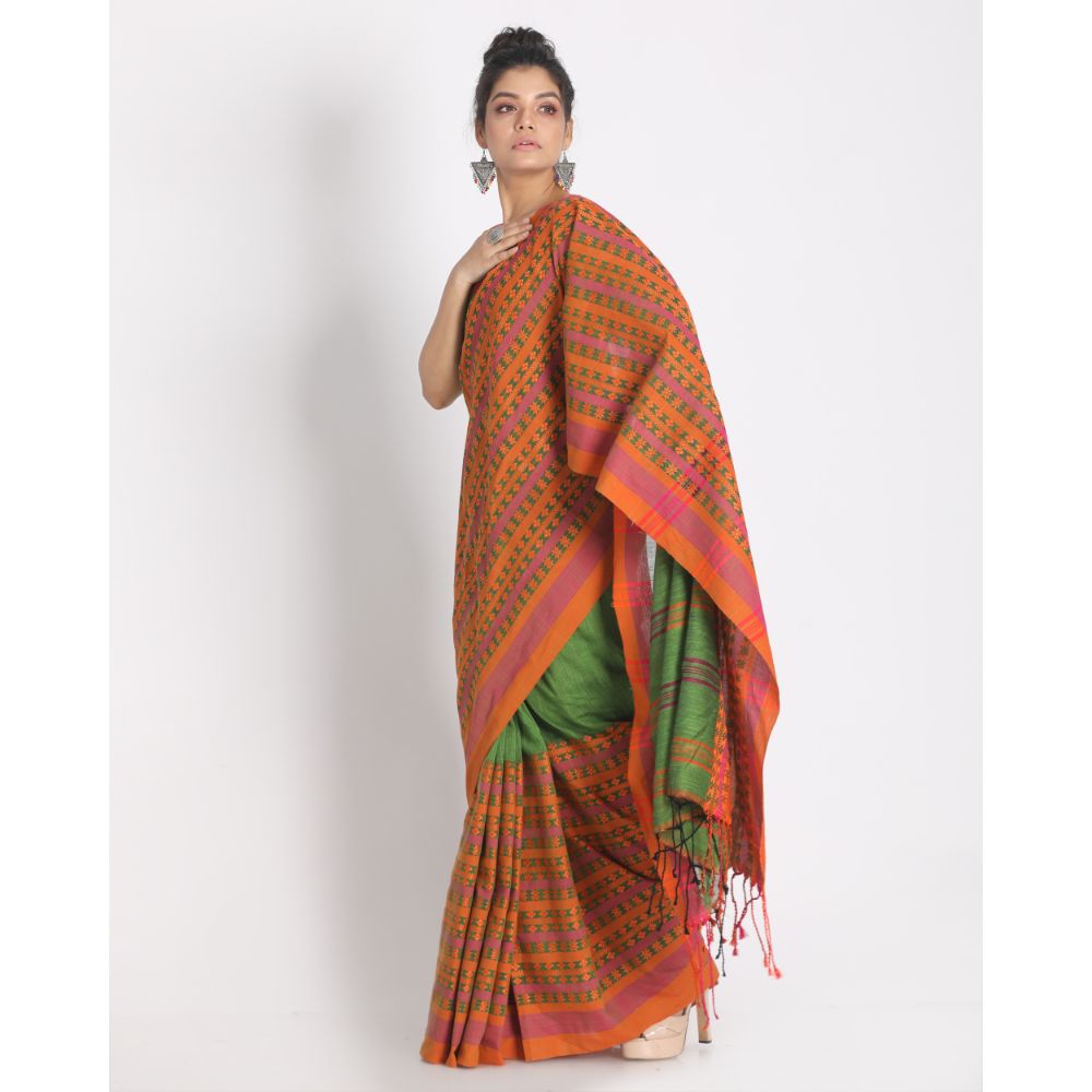 Women's Handspun Cotton Green Handloom Begampuri Saree - Piyari Fashion